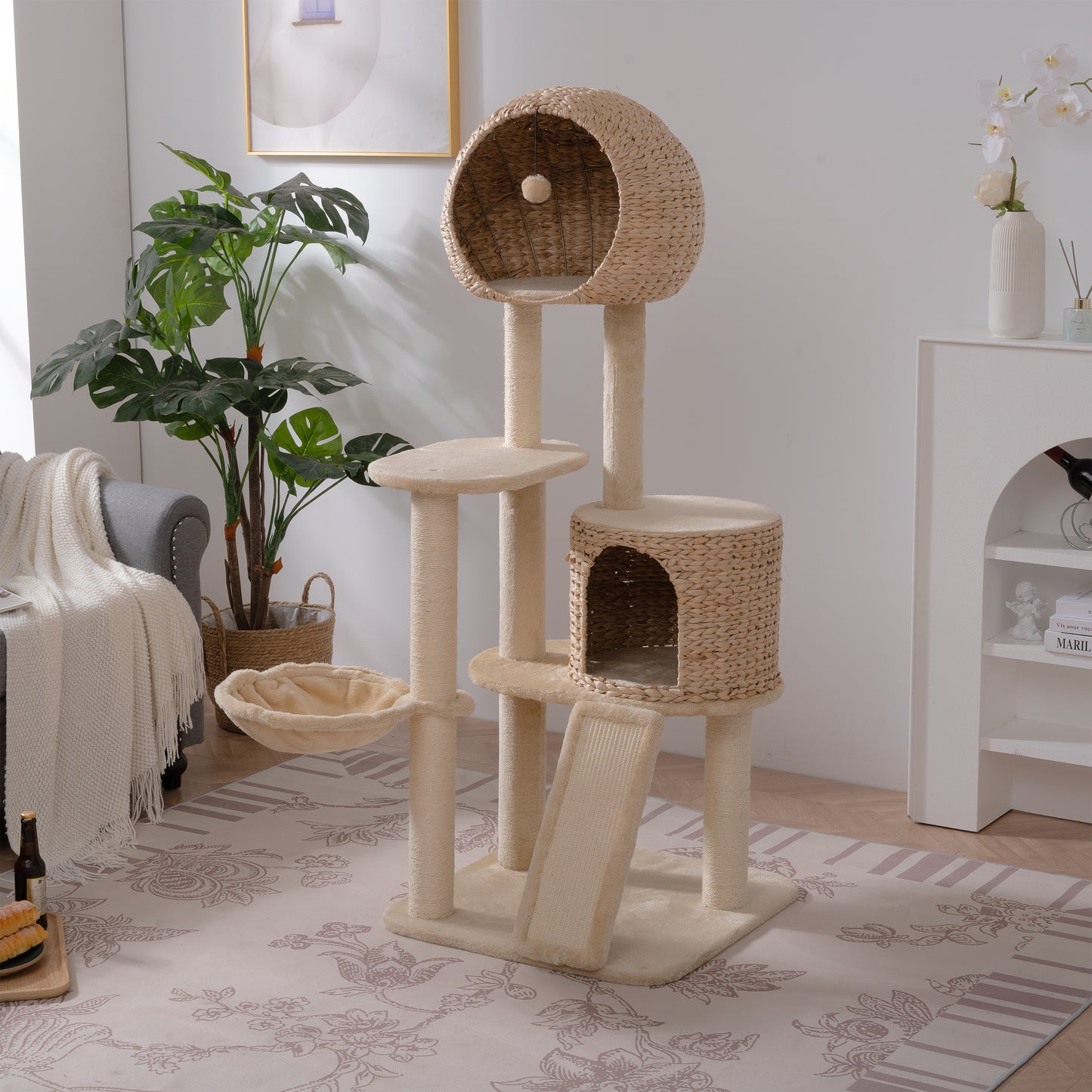 59-Inch Cat Tower for Indoor Cats, Plush Multi-Level Cat Condo with 2 Perches, 2 Caves, Cozy Basket and Scratching Board, Beige