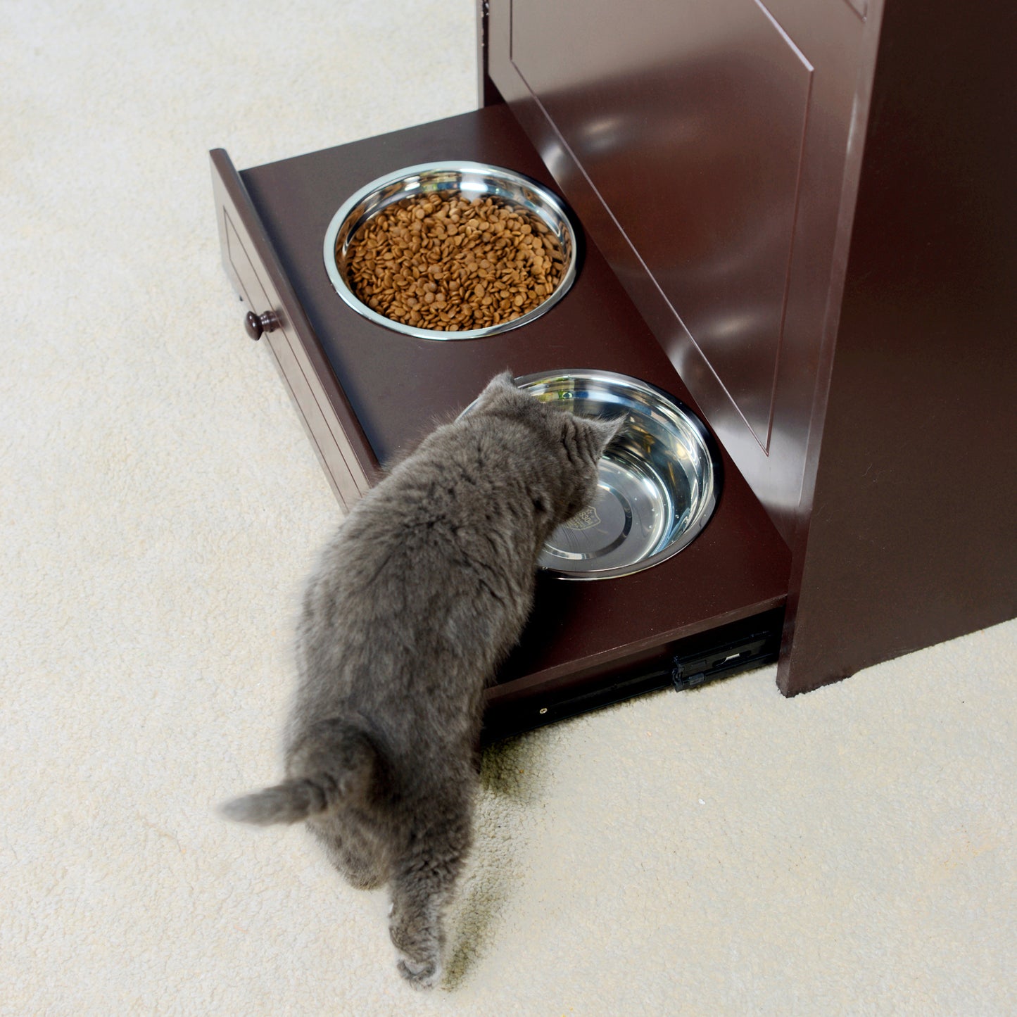 Pet Feeder Station with Storage, MDF & Waterproof Painted, Dog & Cat Feeder Cabinet, Stainless Bowl