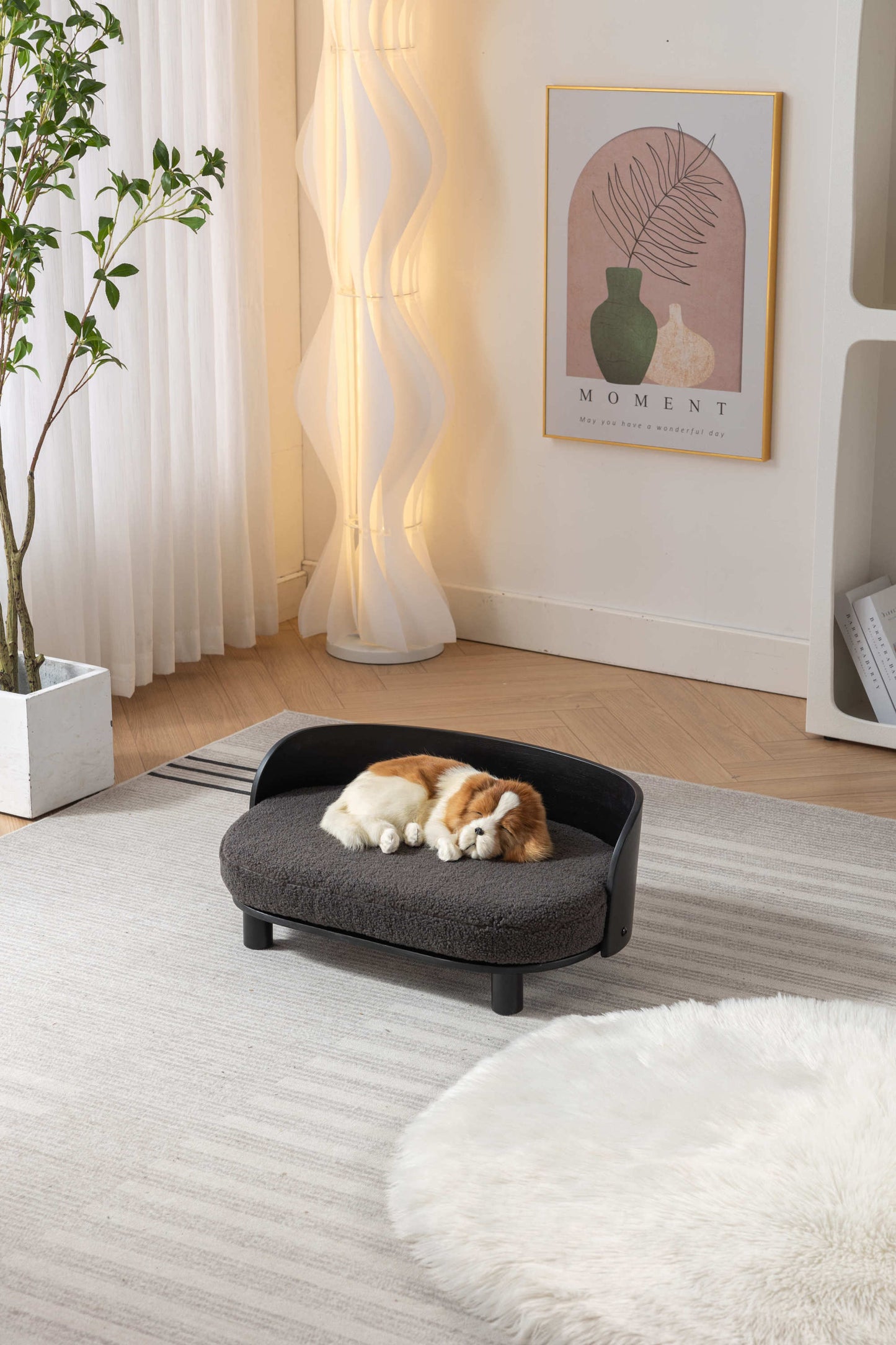 Scandinavian Elevated Dog Bed Pet Sofa | Solid Wood Legs, Bent Wood Back | Cashmesh Cushion | Black Wood, Darcy Grey |