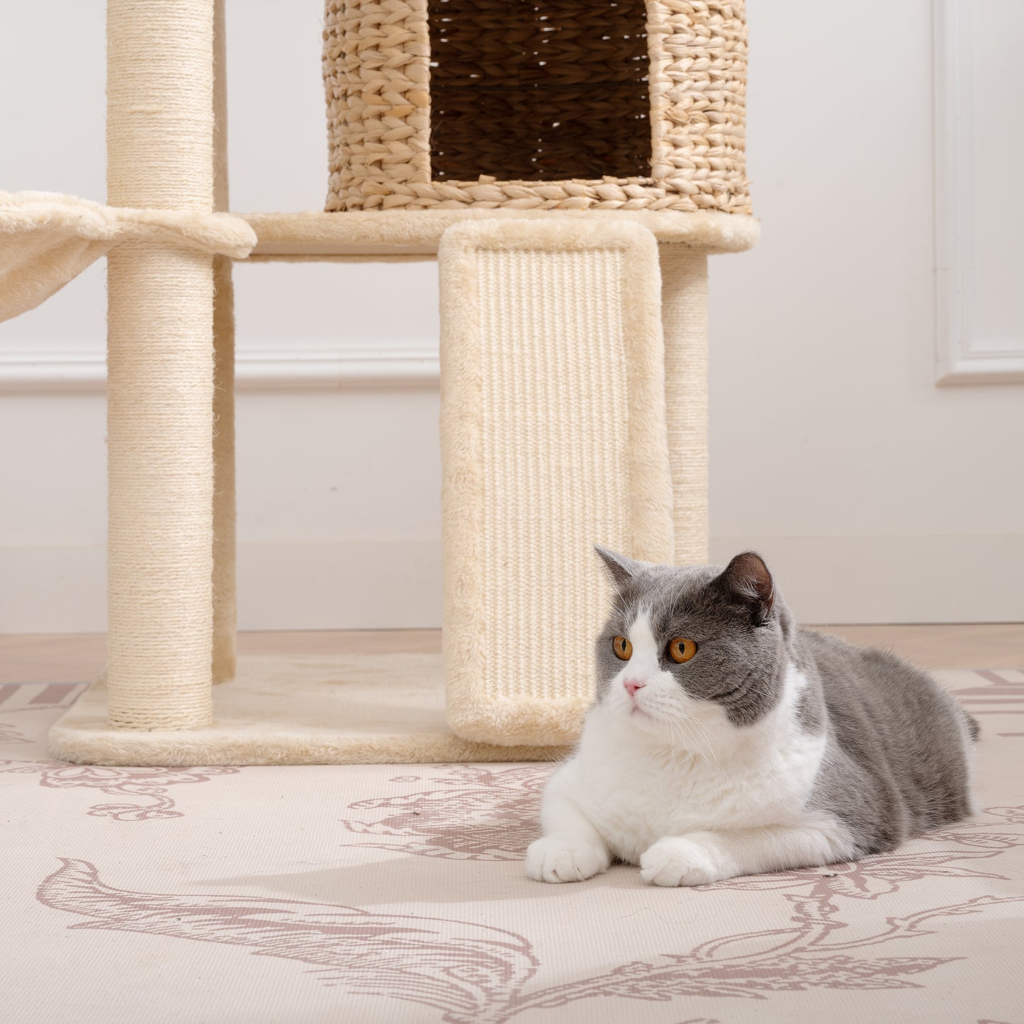 59-Inch Cat Tower for Indoor Cats, Plush Multi-Level Cat Condo with 2 Perches, 2 Caves, Cozy Basket and Scratching Board, Beige