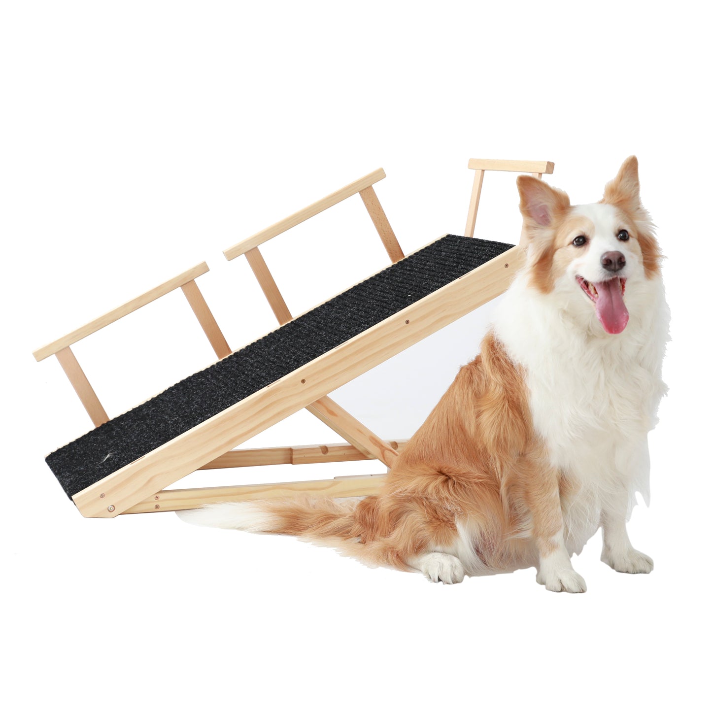 Tall Adjustable Pet Ramp: Folding Wooden Dog Cat Ramp with Safety Rails, Non-Slip Surface, Adjustable Height (9.3" to 24")