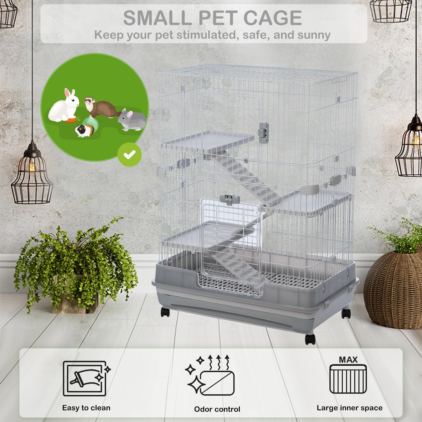 4-Tier 32" Small Animal Metal Cage, Height Adjustable with Lockable Casters, Grilles, Pull-out Tray for Rabbit, Chinchilla, Ferret, Bunny, Guinea Pig, Squirrel, Hedgehog (Grey)