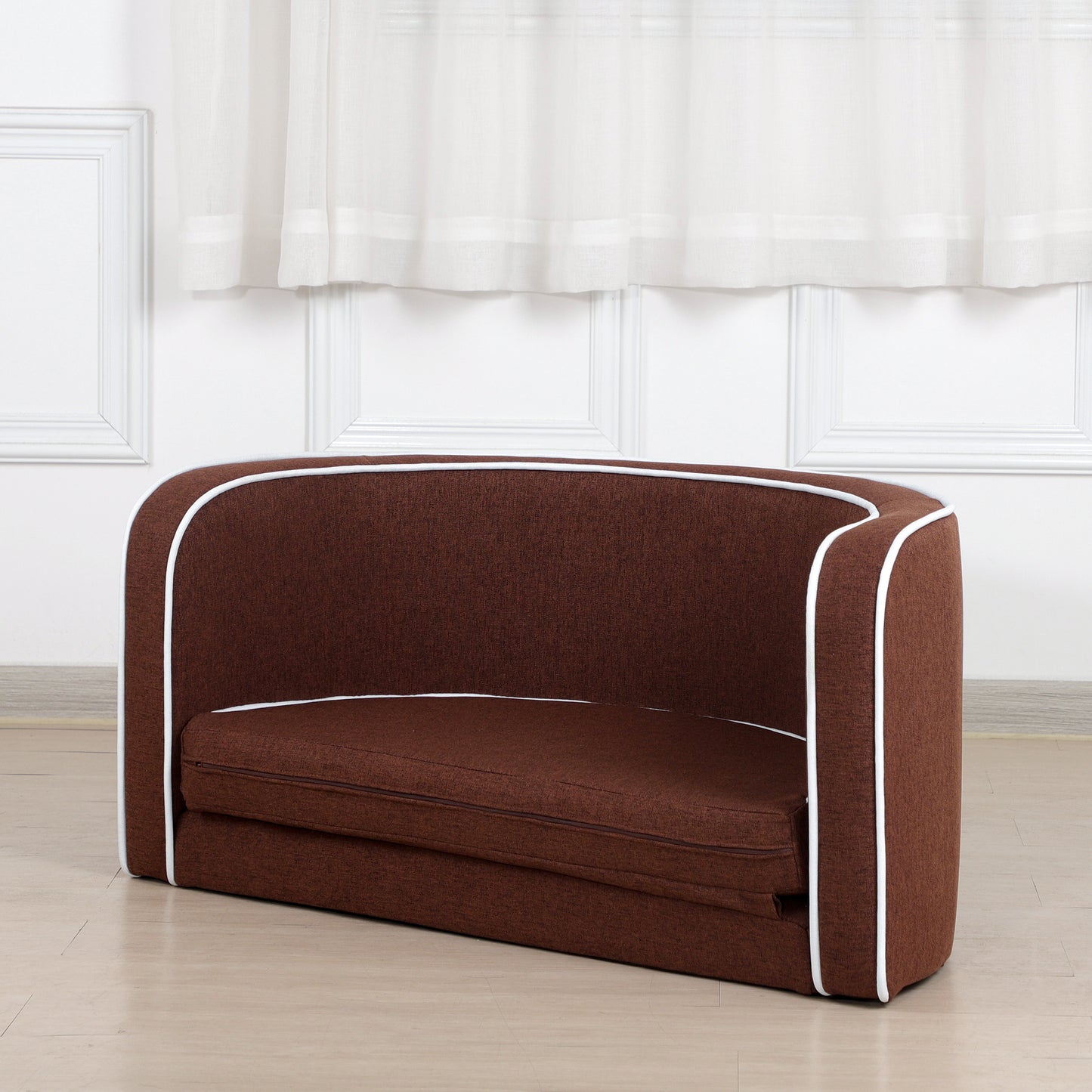 35" Brown Pet Sofa with Wooden Structure, Linen Goods, White Roller Lines, Curved Appearance & Cushion