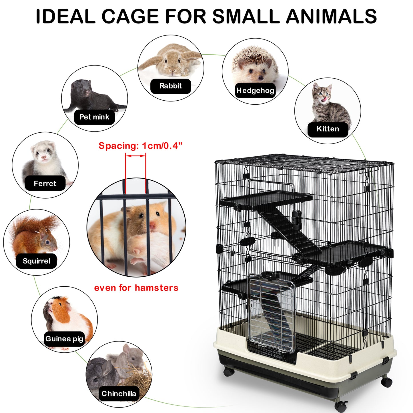 4-Tier 32" Small Animal Metal Cage, Height Adjustable with Lockable Top-Openings, Removable for Rabbit Chinchilla Ferret Bunny Guinea Pig, Black