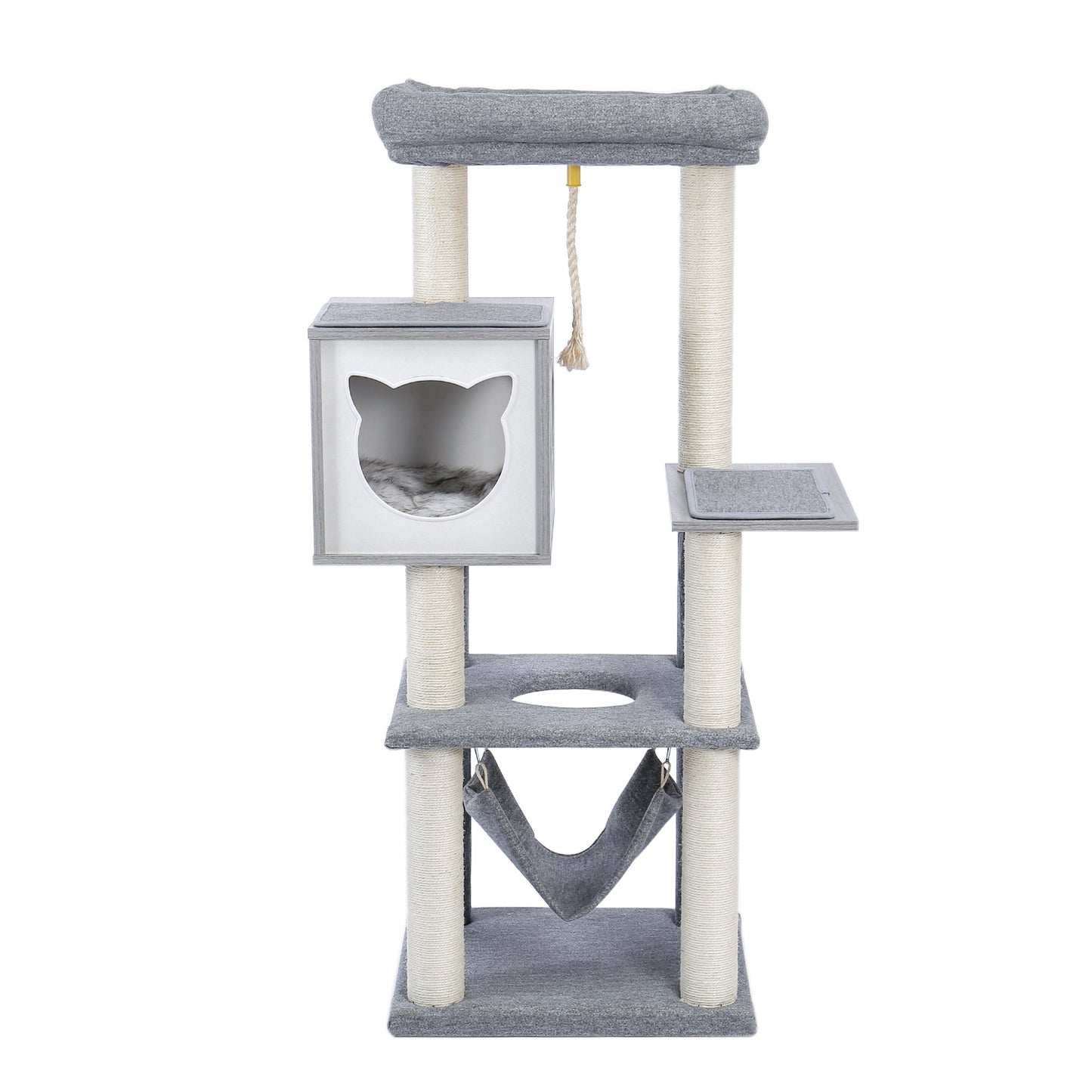 52-Inch Multi-Level Modern Wooden Cat Tower with Hammock, Scratching Posts, and Condo for Adult Cats - Gray Color