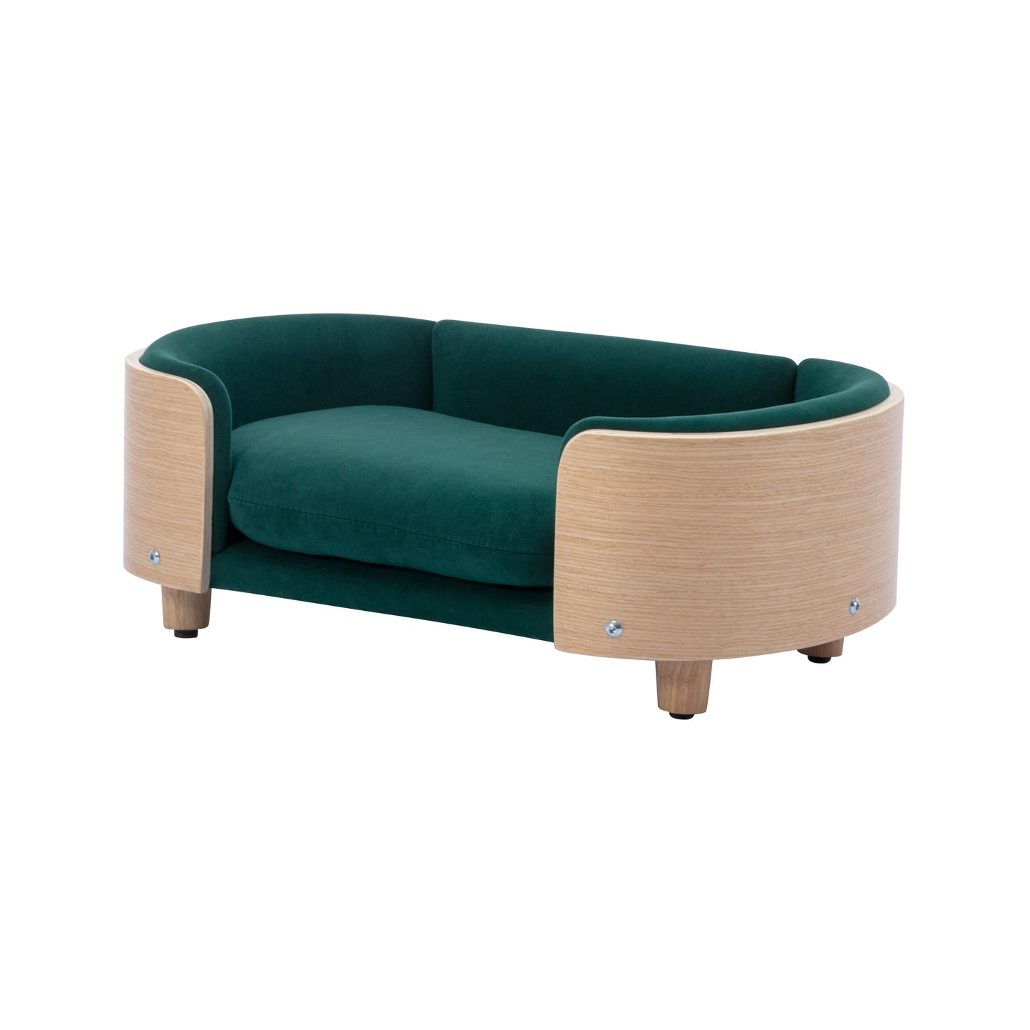 Scandinavian Style Elevated Dog Bed: Solid Wood Legs, Bent Wood Back, Natural Oak, Velvet Cushion, Small Size