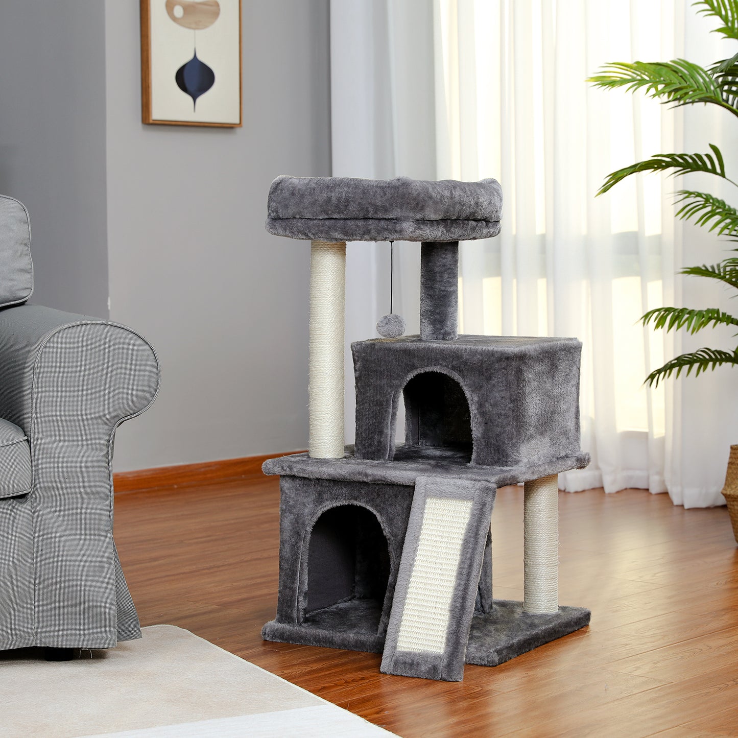 Cat Tree Luxury 34" Cat Tower with Double Condos, Spacious Perch, Scratching Sisal Posts & Replaceable Dangling Balls - Gray