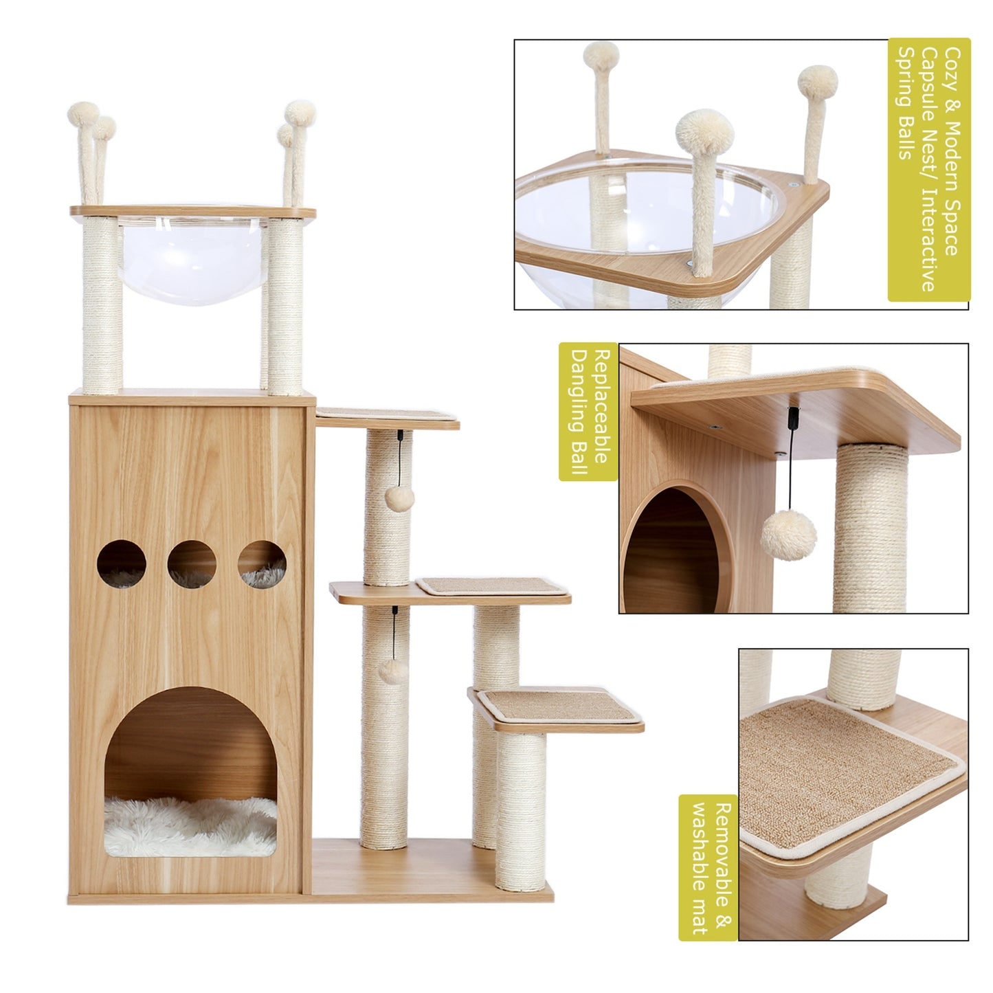 Cat Tree Modern Cat Tower with Fully Sisal Covering Scratching Posts, Deluxe Condos, Large Space Capsule Nest - Ultimate Feline Play and Rest Haven