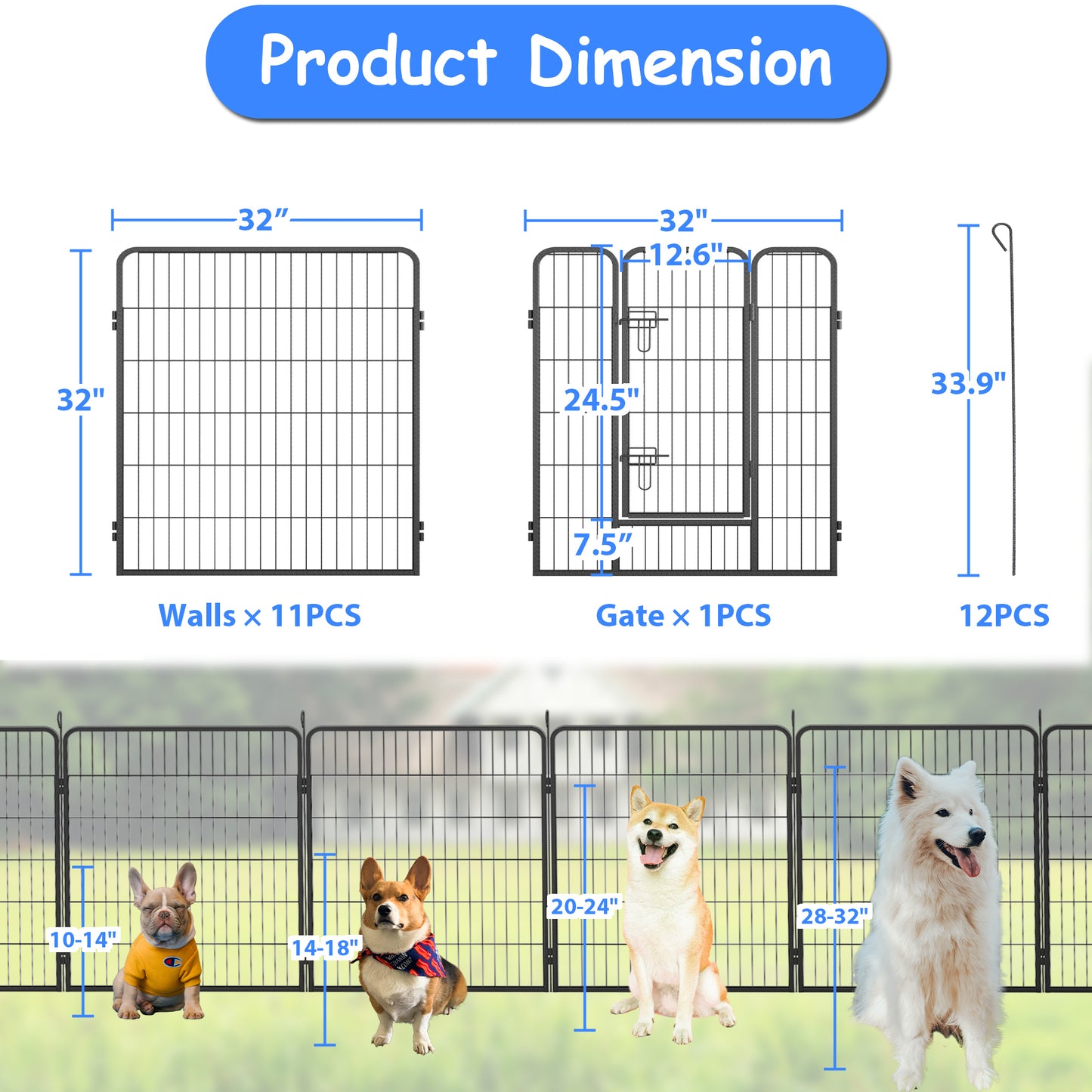 Dog Pens Outdoor 32" Foldable Heavy Duty Metal Playpen for Large/Medium/Small Pets - Anti-Rust Exercise Dog Fence with Doors - Portable & RV Camping Yard - 12 Panels - Indoor Play Pen - Various Sizes