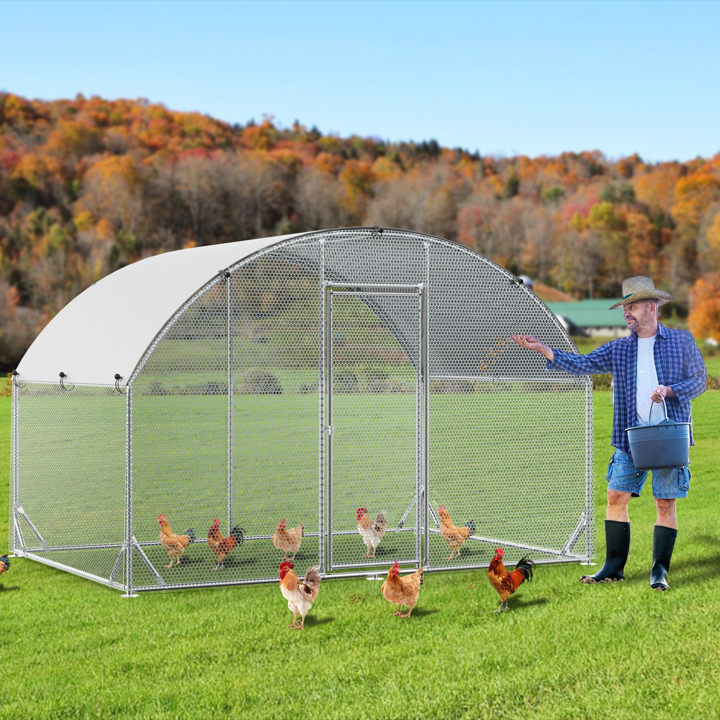 Large Metal Chicken Coop Upgrade Tri-Supporting Wire Mesh Chicken Run with Water-Resistant & Anti-UV Cover Outdoor Pen for Ducks, Rabbits, and Chickens (10'W x 6.5'L x 6.5'H)