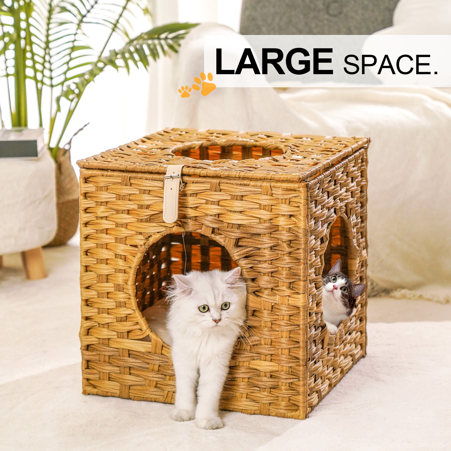 Rattan Cat Litter, Cat Bed with Rattan Ball & Cushion - Yellowish Brown, Cozy & Stylish Sleeping Space for Cats