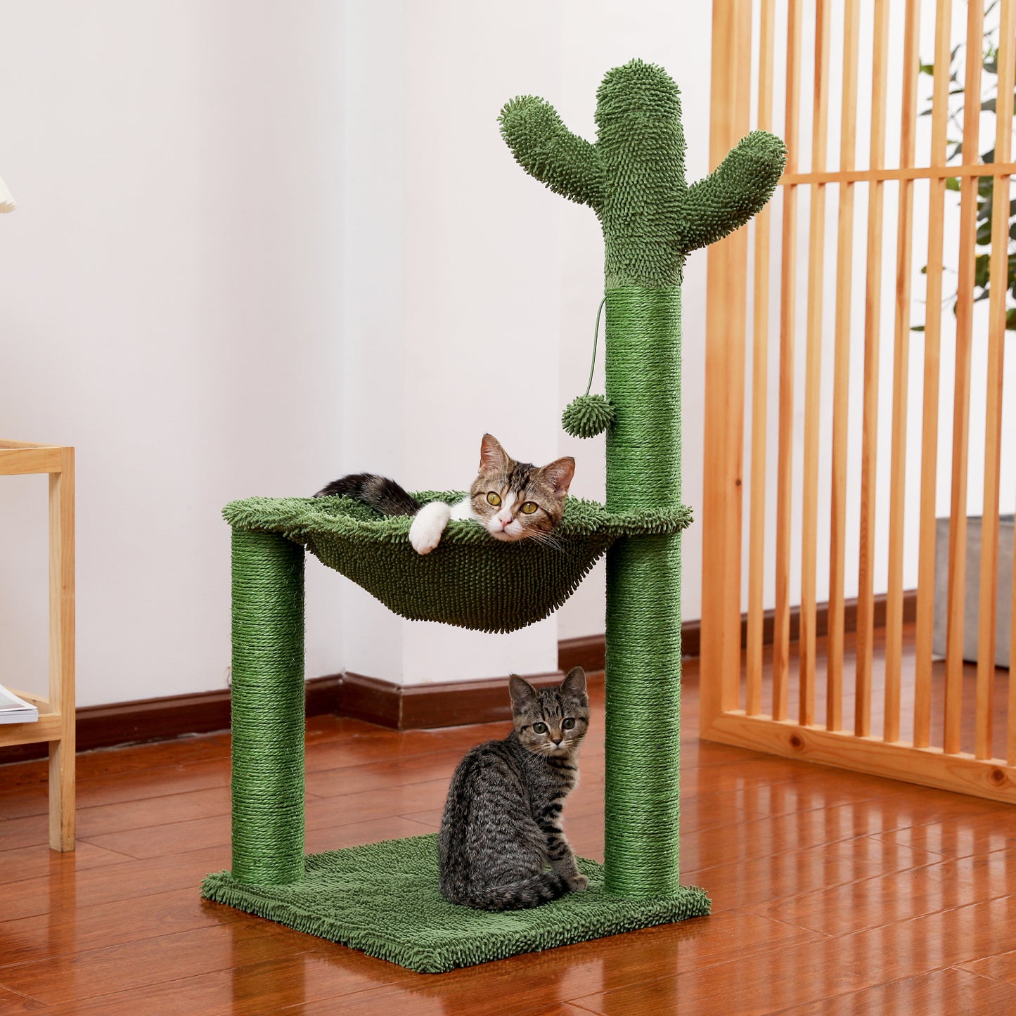 Cactus Cat Tree Cat Scratching Post with Hammock Play Tower, Full Wrapped Sisal Scratching Post for Cats - 93.5cm Green