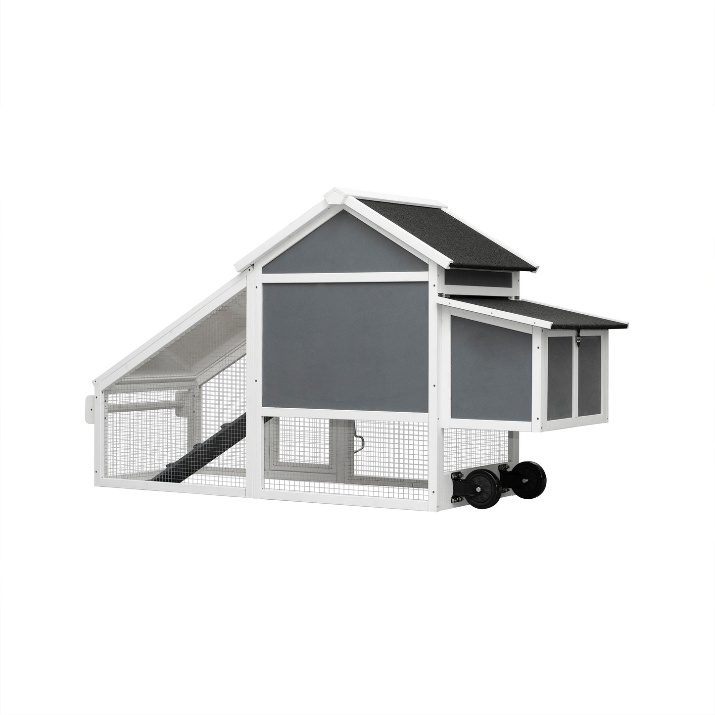 Removable Tray Ramp Wooden Outdoor Chicken Hutch Coop with Running Cage & Wheels - Spacious, Convenient, and Easily Movable