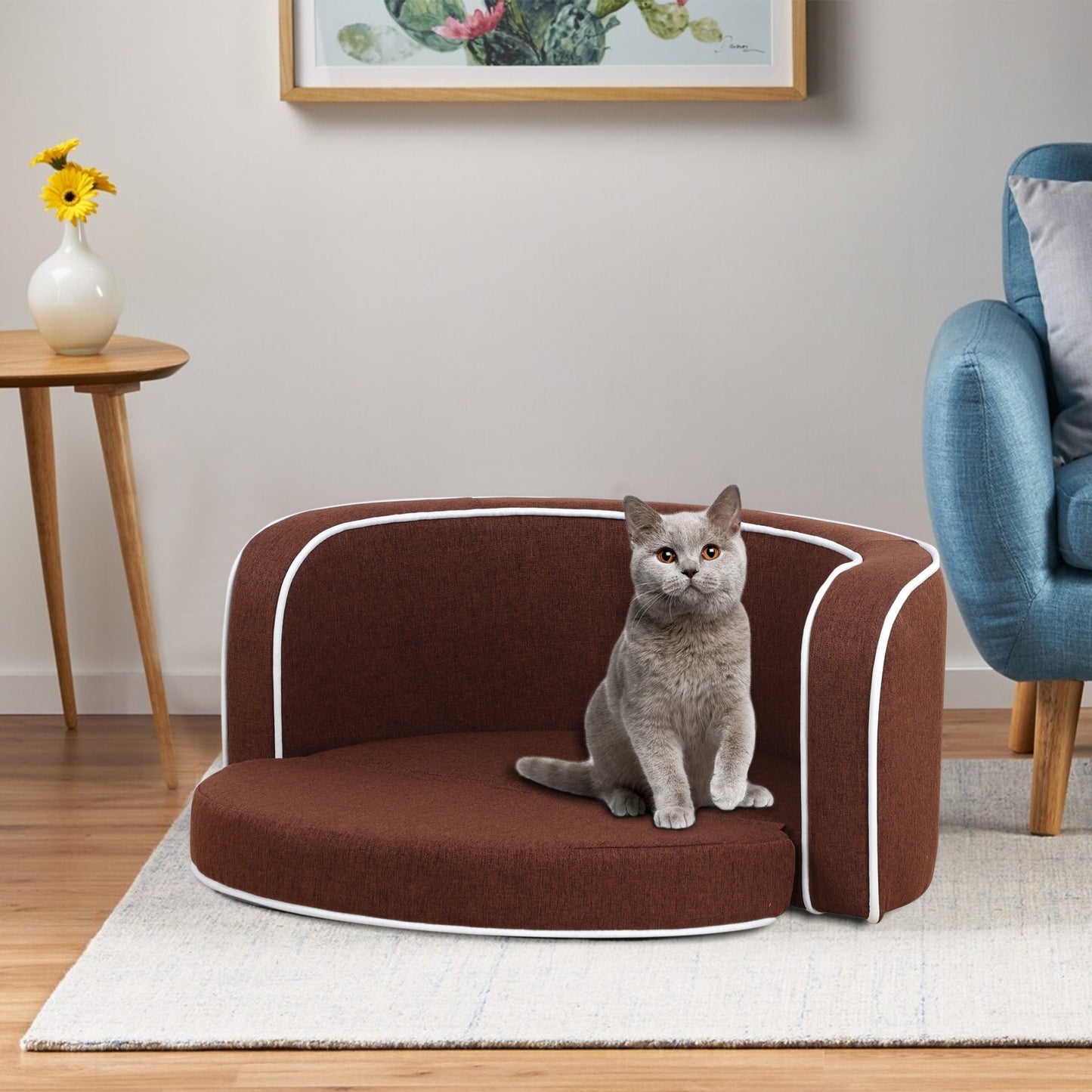 30" Brown Round Pet Sofa - Wooden Structure, Linen Goods, White Roller Lines on Edges - Curved Appearance with Cushion