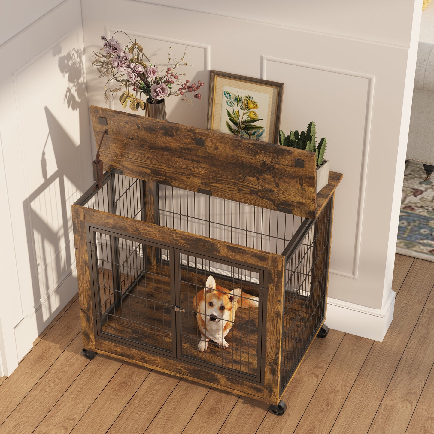 Furniture Style Dog Crate Side Table on Wheels with Double Doors & Lift Top. Grey, 31.50'' W x 22.05'' D x 25'' H.