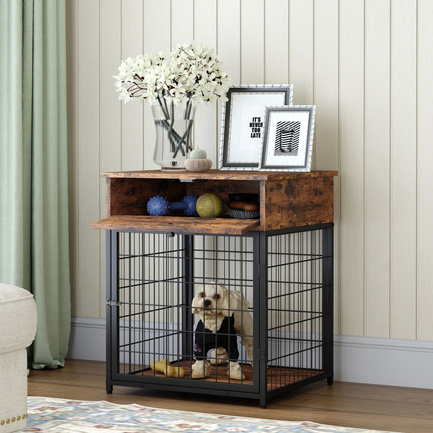 Furniture Style Wood Dog Crate End Table with Storage Console - Rustic Brown, 19.69'' W x 22.83'' D x 26.97'' H: Stylish and Functional Dog Crate End Table with Storage Console in Rustic Brown - Ideal for Your Canine Companion