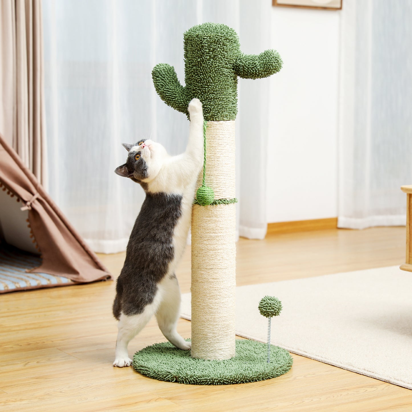 Large Cactus Cat Scratching Post with Natural Sisal Ropes, White - Ideal Cat Scratcher for Cats and Kittens, Sturdy and Durable Design