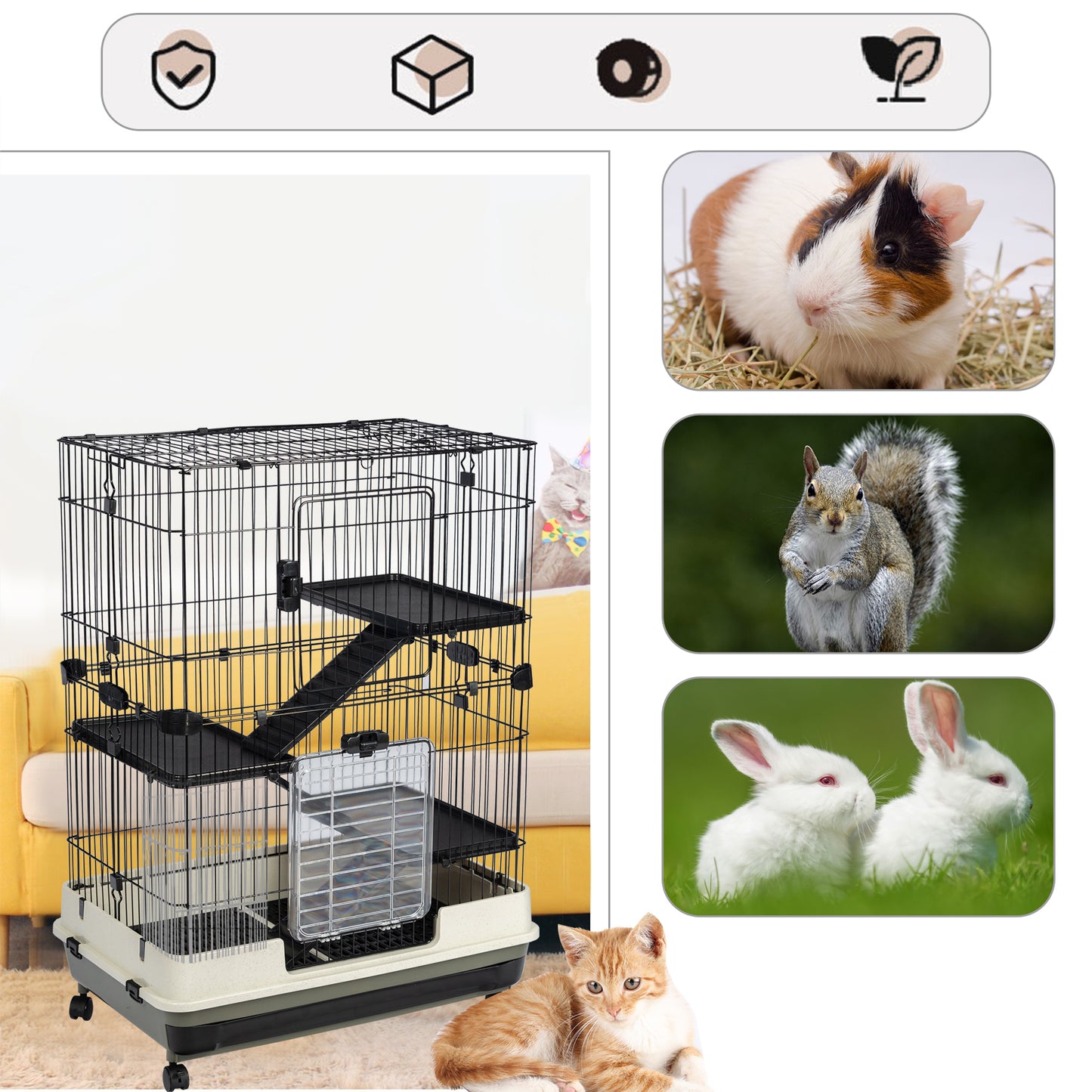 4-Tier 32" Small Animal Cage, Height Adjustable with Lockable Casters, Grilles & Pull-out Tray for Rabbit, Chinchilla, Ferret, Bunny, Guinea Pig, Squirrel, Hedgehog - Black