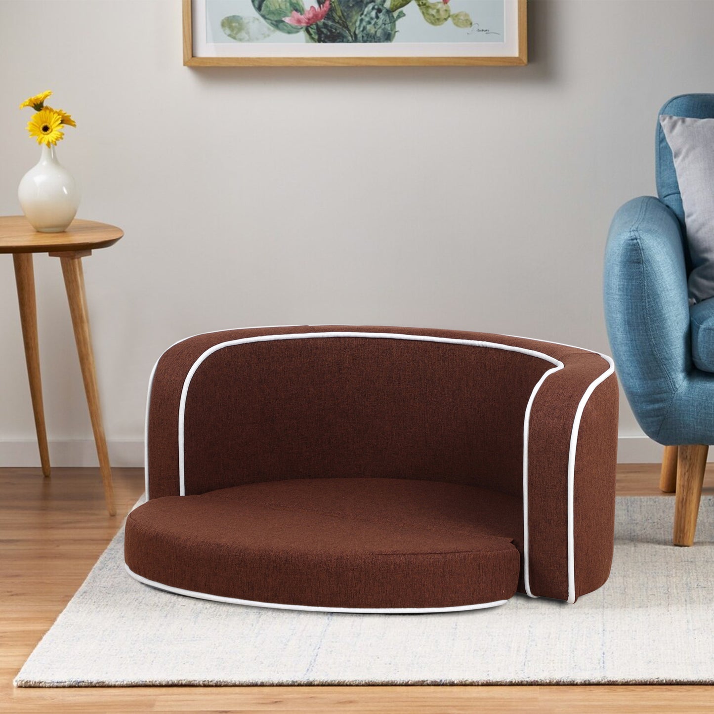 30" Brown Round Pet Sofa - Wooden Structure, Linen Goods, White Roller Lines on Edges - Curved Appearance with Cushion