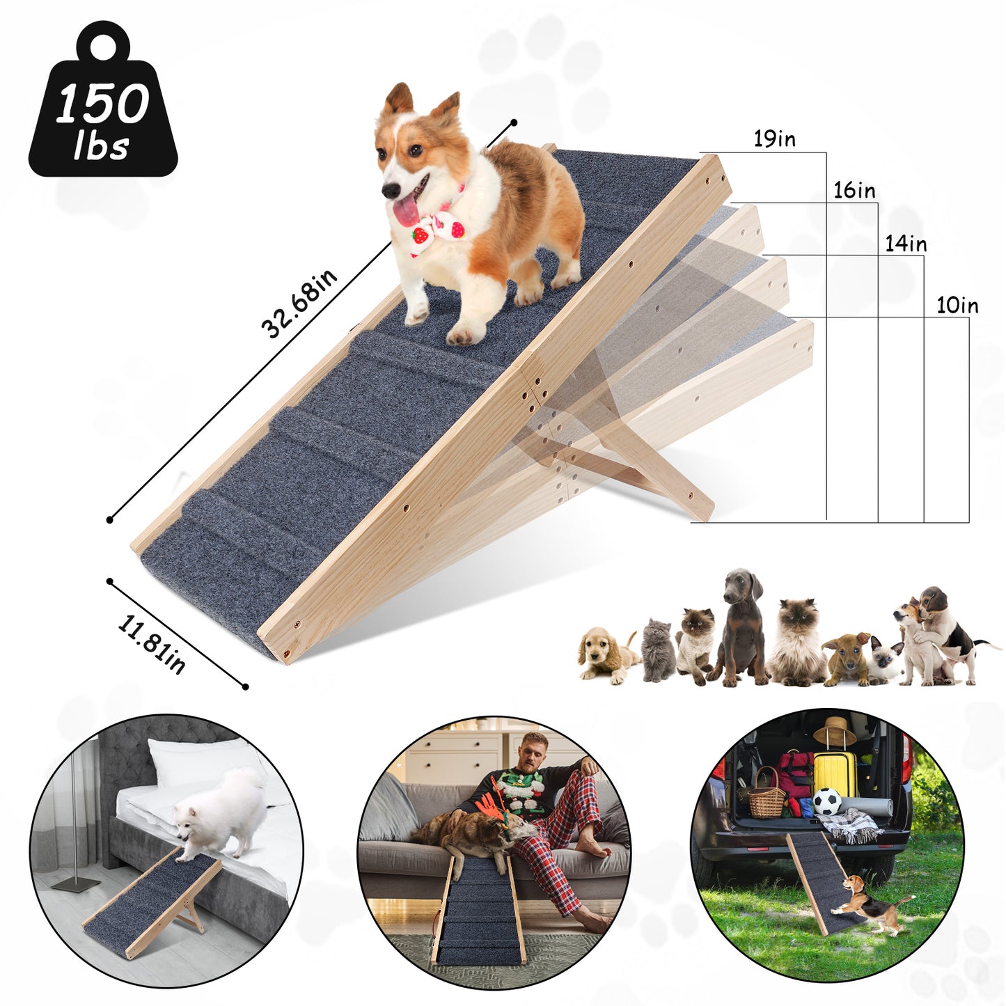 **Dog Ramp - Wooden Folding Portable Pet Ramp, Adjustable 10"-19", Non-Slip Traction Mat, Rated for 30 LBS (Light Grey)**