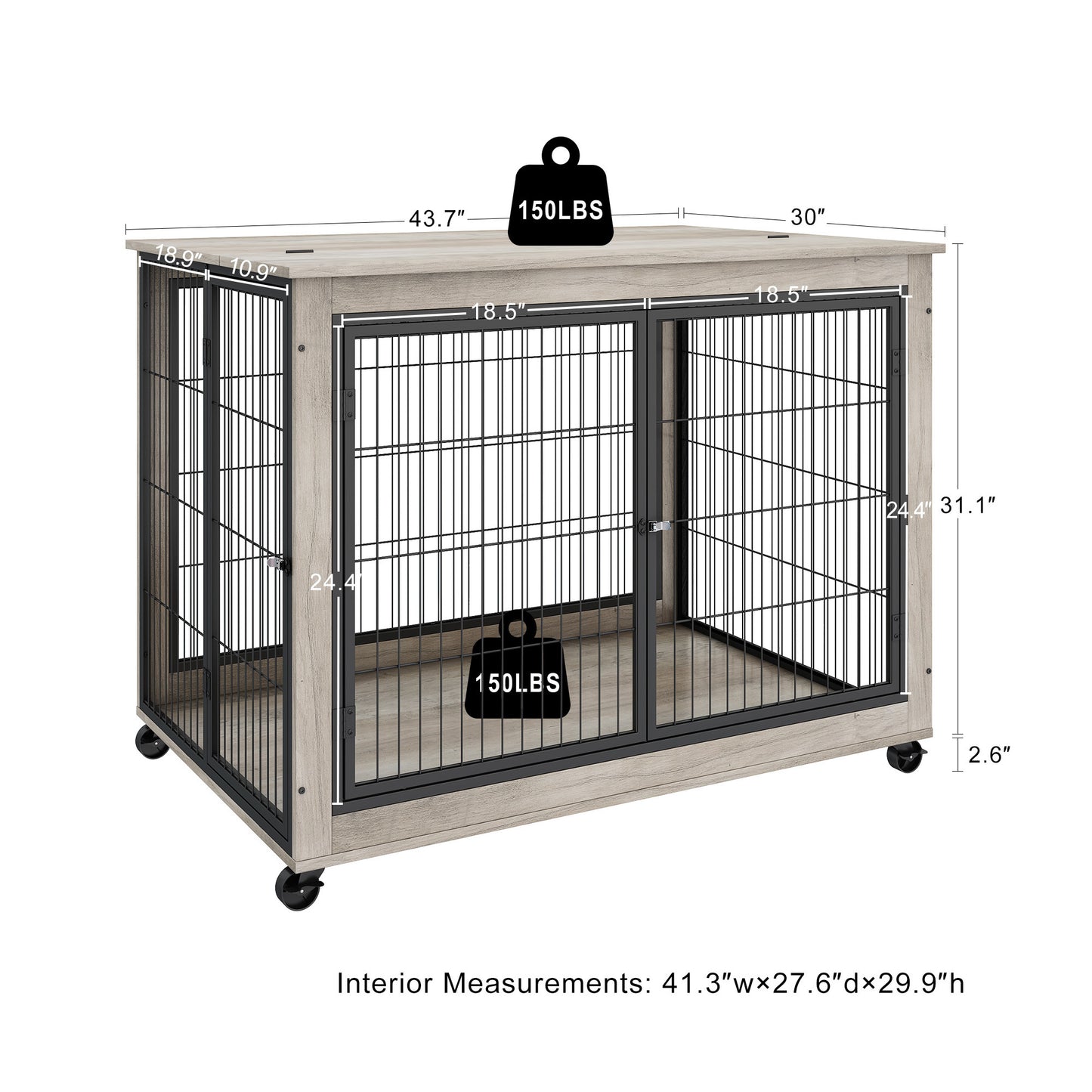 Furniture Style Dog Crate Side Table on Wheels: Double Doors, Lift Top | Grey, 43.7" W x 30" D x 31.1" H