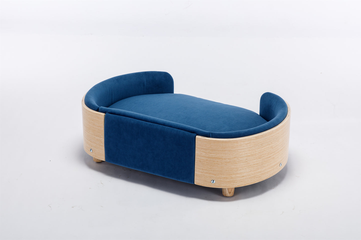 Scandinavian Style Elevated Dog Bed Pet Sofa with Solid Wood Legs, Bent Wood Back, and Velvet Cushion - Mid Size, Dark Blue