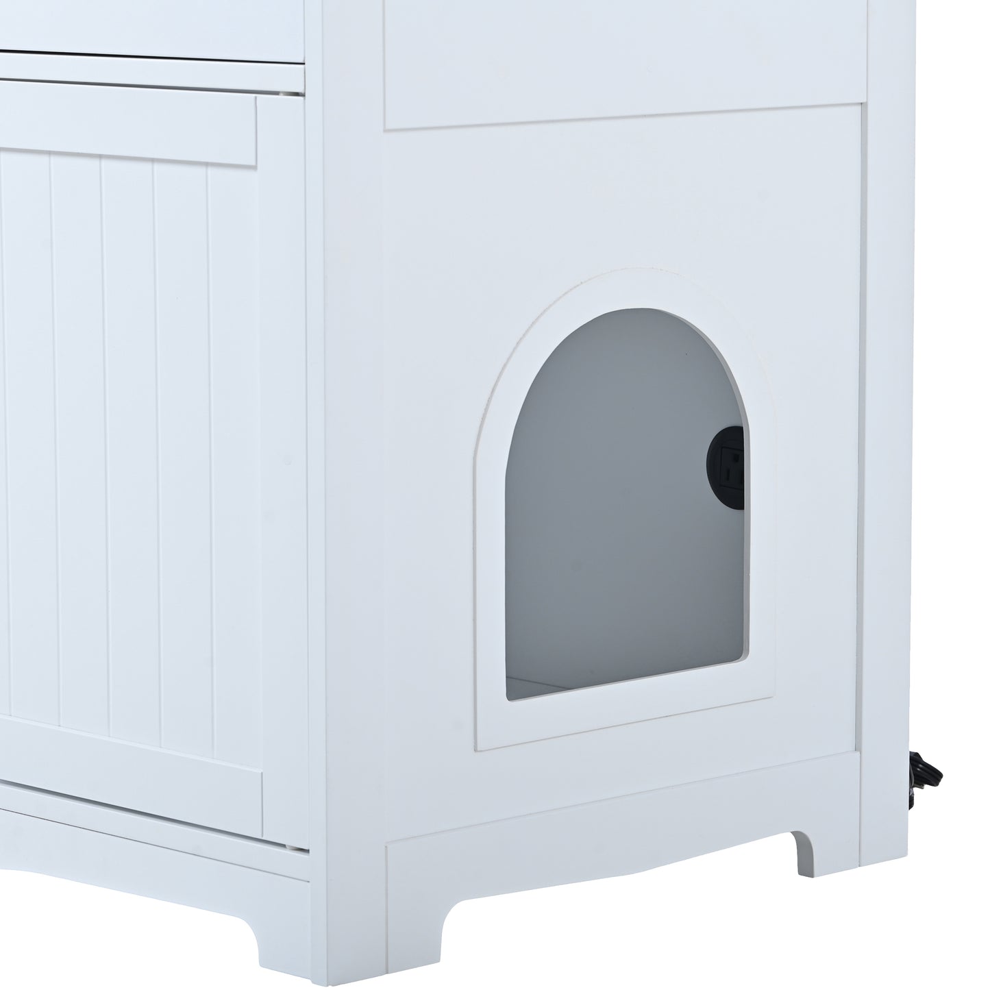 Litter Box Enclosure: Cat Furniture with Hidden Plug, 2 Doors, Indoor Washroom Storage Bench Side Table, Large Wooden House, White