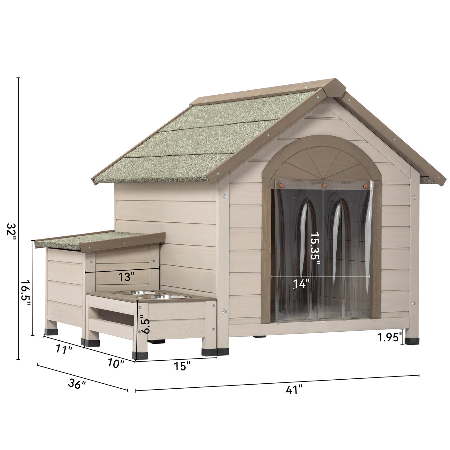 Outdoor Fir Wood Dog House with Open Roof for Small to Medium Dogs | Storage Box, Elevated Feeding Station with 2 Bowls | Weatherproof Asphalt Roof & Treated Wood | Size Options Available