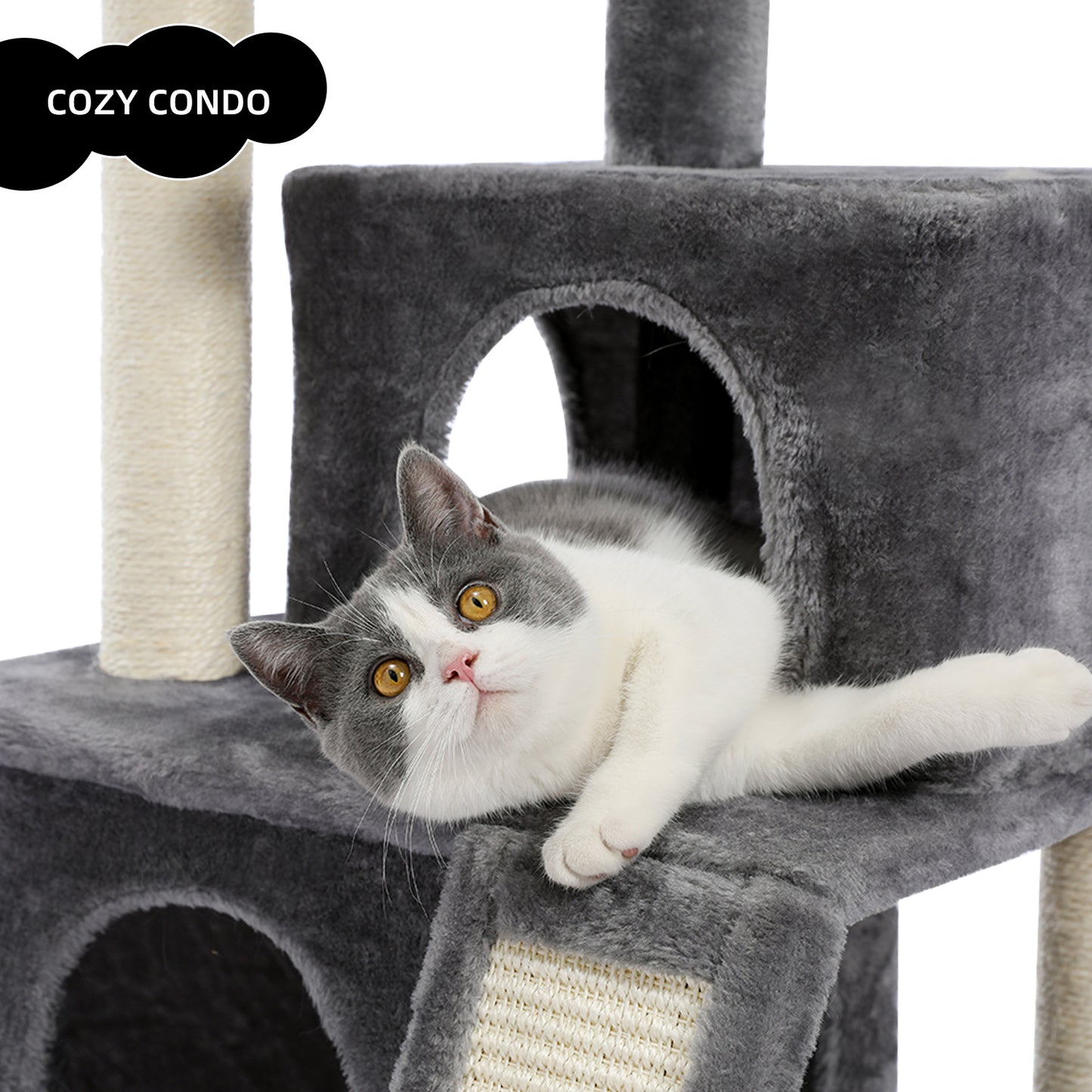 Cat Tree Luxury 34" Cat Tower with Double Condos, Spacious Perch, Scratching Sisal Posts & Replaceable Dangling Balls - Gray