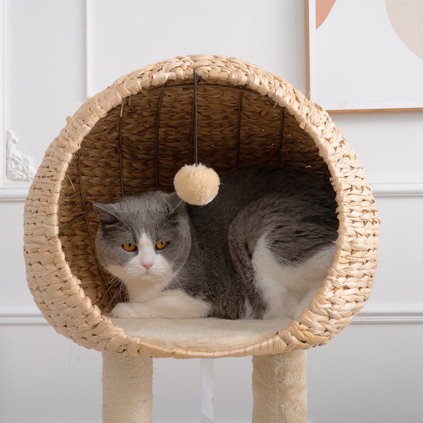 59-Inch Cat Tower for Indoor Cats, Plush Multi-Level Cat Condo with 2 Perches, 2 Caves, Cozy Basket and Scratching Board, Beige