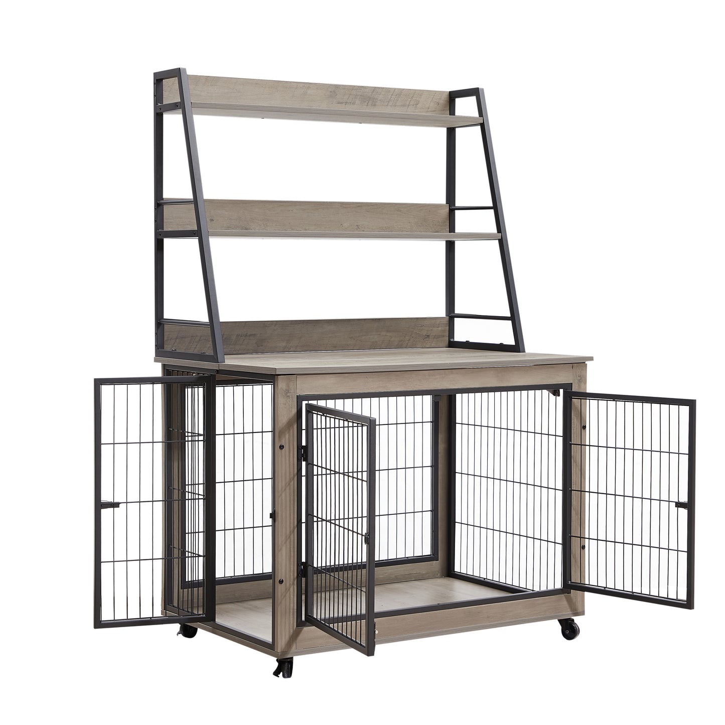 Furniture Style Dog Crate Side Table with Shelves, Double Doors, and Raised Roof - Grey, 38.58''W x 25.5''D x 57''H