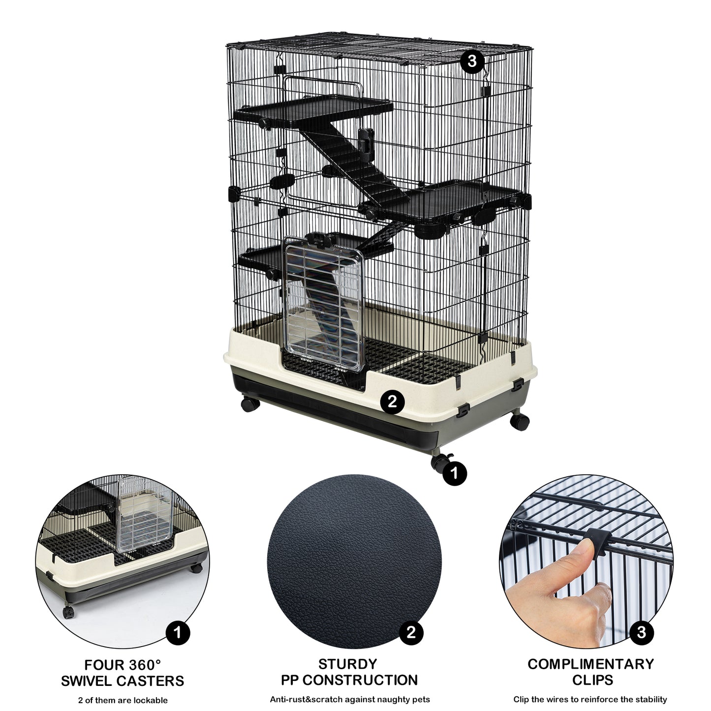 4-Tier 32" Small Animal Metal Cage, Height Adjustable with Lockable Top-Openings, Removable for Rabbit Chinchilla Ferret Bunny Guinea Pig, Black