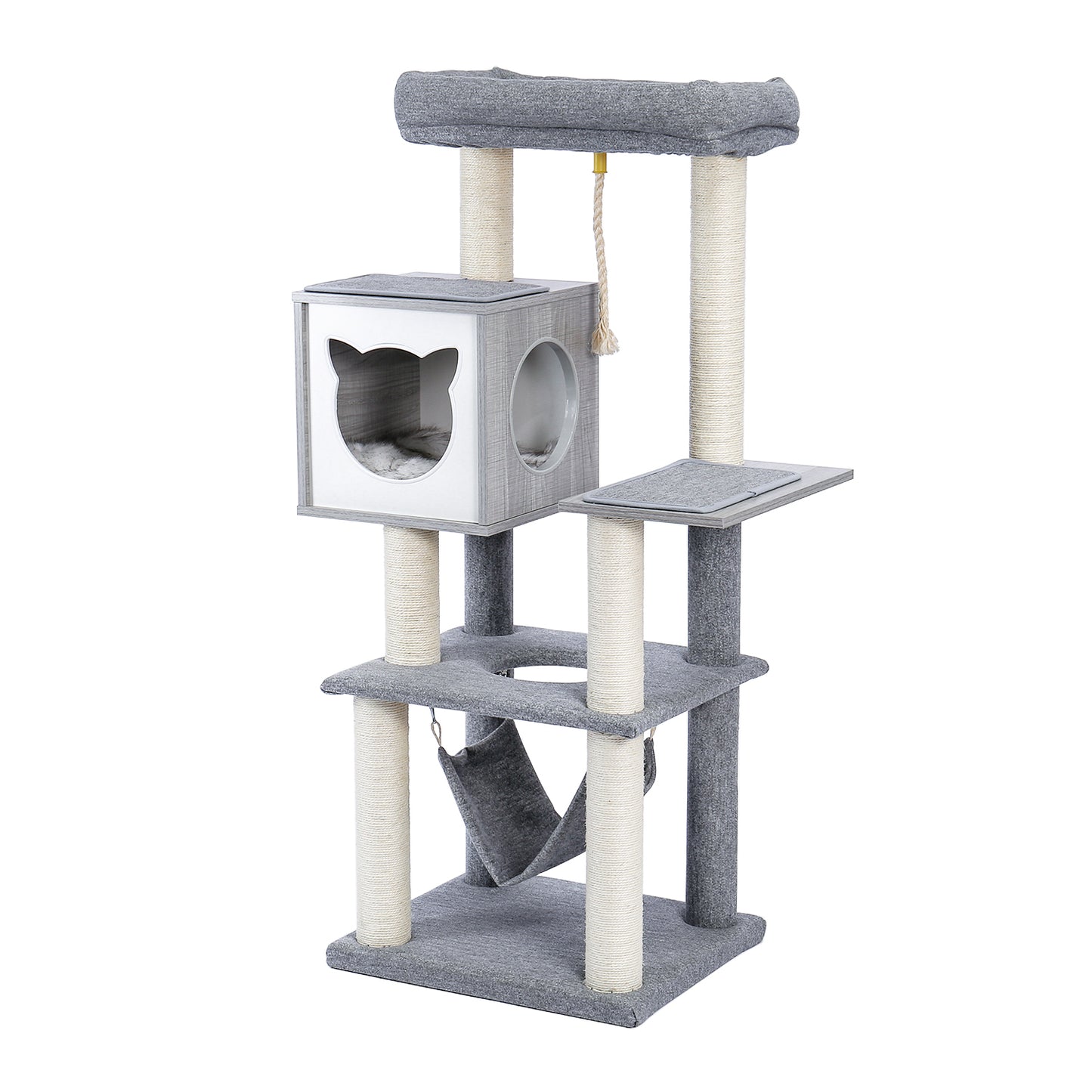 52-Inch Multi-Level Modern Wooden Cat Tower with Hammock, Scratching Posts, and Condo for Adult Cats - Gray Color