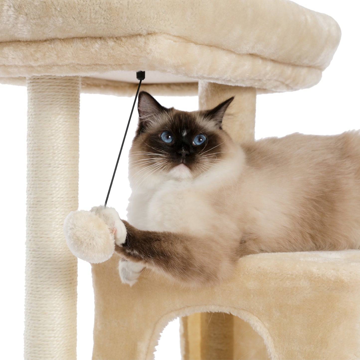 Cat Tree Luxury 34" Cat Tower with Double Condos, Spacious Perch, Scratching Sisal Posts, Dangling Balls - Beige