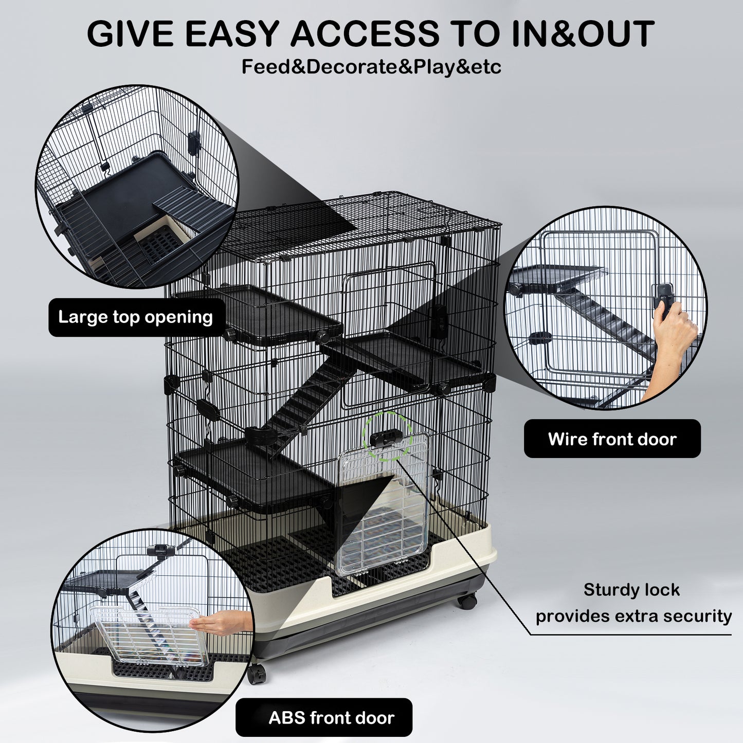 4-Tier 32" Small Animal Metal Cage, Height Adjustable with Lockable Top-Openings, Removable for Rabbit Chinchilla Ferret Bunny Guinea Pig, Black