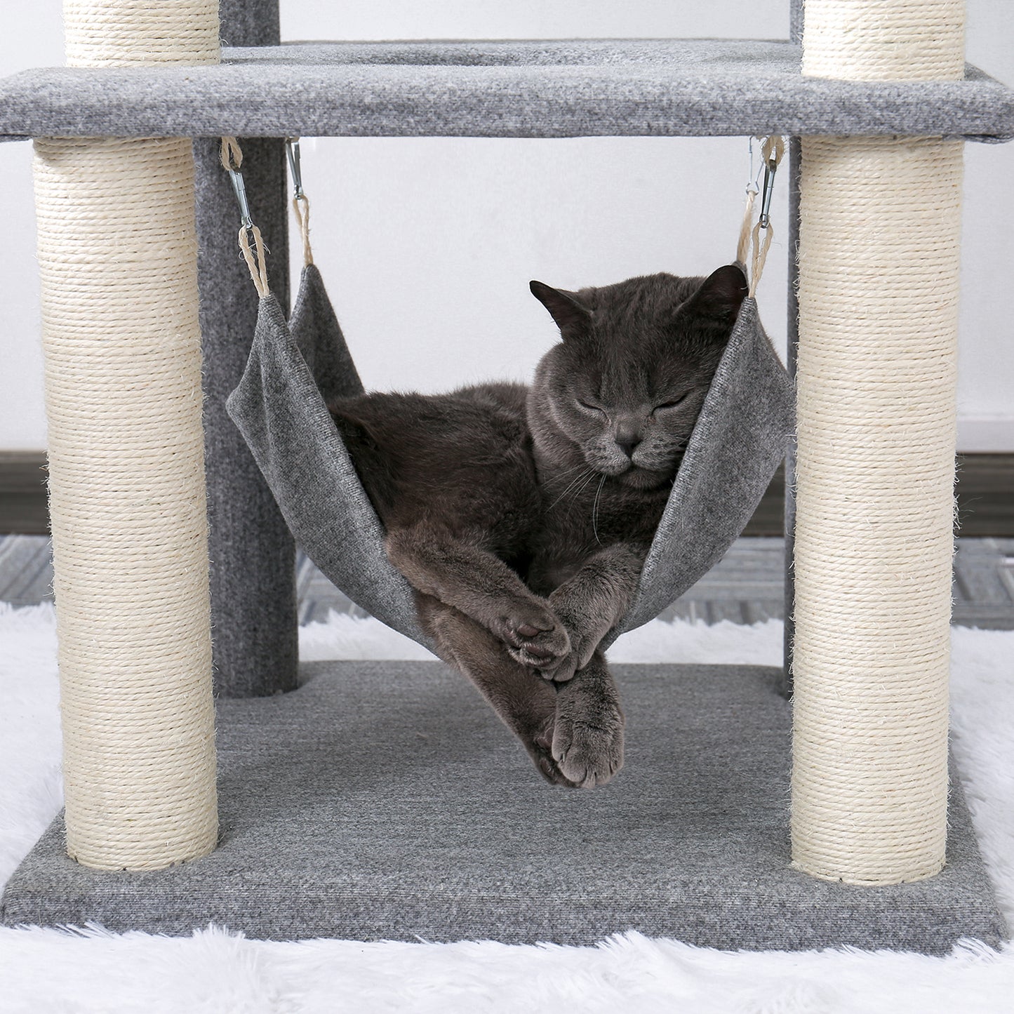 52-Inch Multi-Level Modern Wooden Cat Tower with Hammock, Scratching Posts, and Condo for Adult Cats - Gray Color