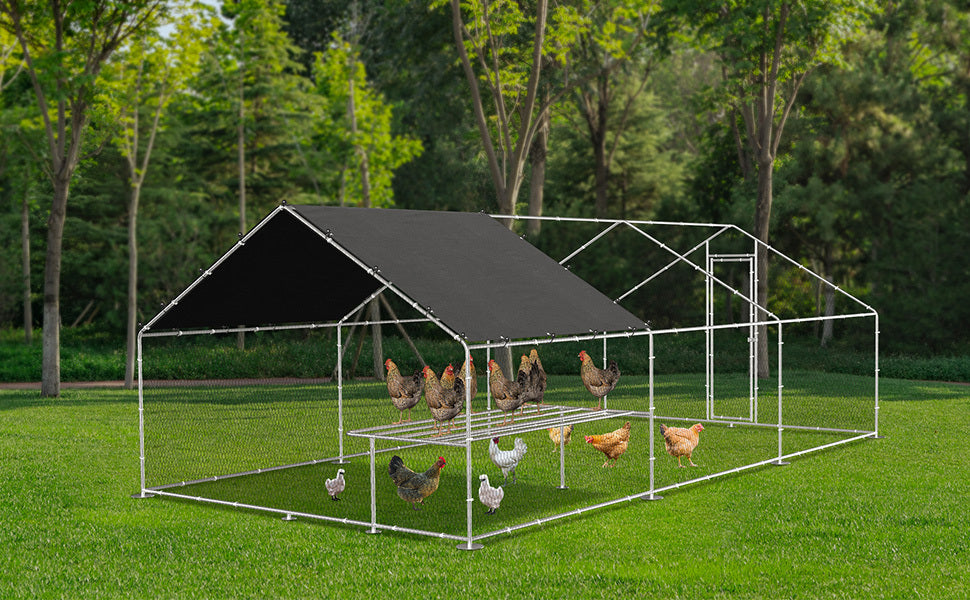 Large Metal Chicken Coop with Walk-In Design, Galvanized Wire, Waterproof Cover - Ideal for Outdoor, Backyard, and Farm Use (9.8' W x 19.7' D x 6.6' H)