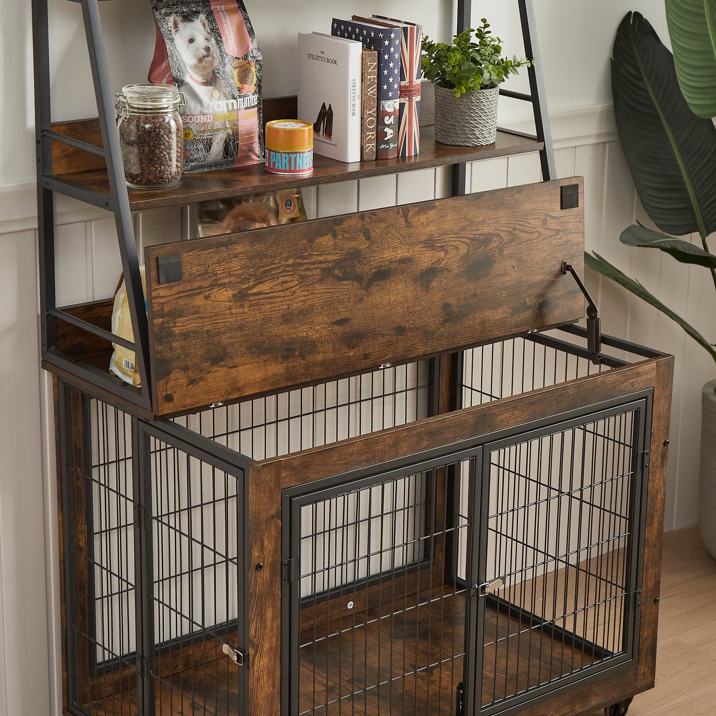 Furniture Style Dog Crate Side Table with Shelves, Double Doors & Raised Roof - Rustic Brown, 38.58''W x 25.5''D x 57''H