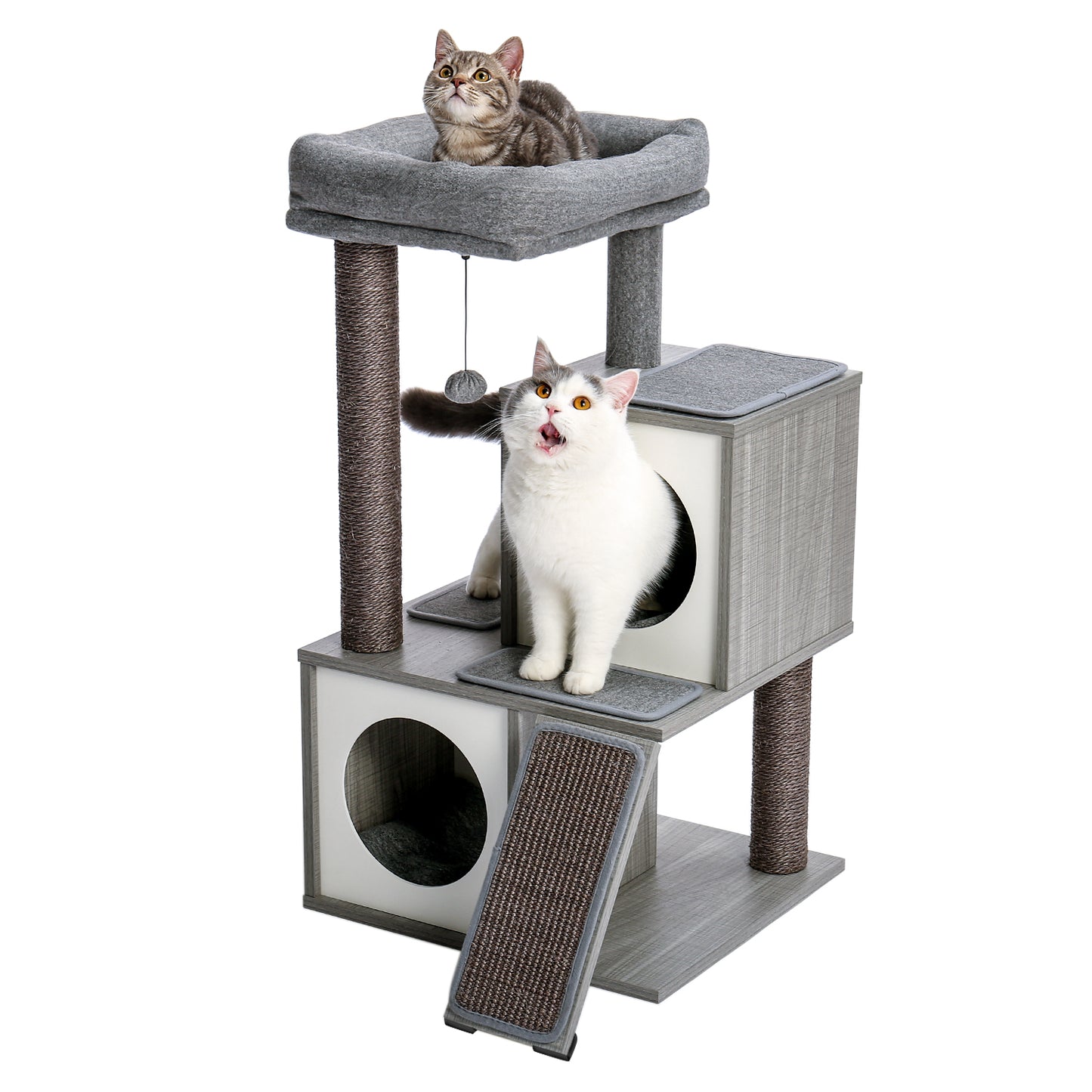 Cat Tree Luxury 34" Cat Tower with Double Condos, Spacious Perch, Scratching Posts & Dangling Balls - Gray