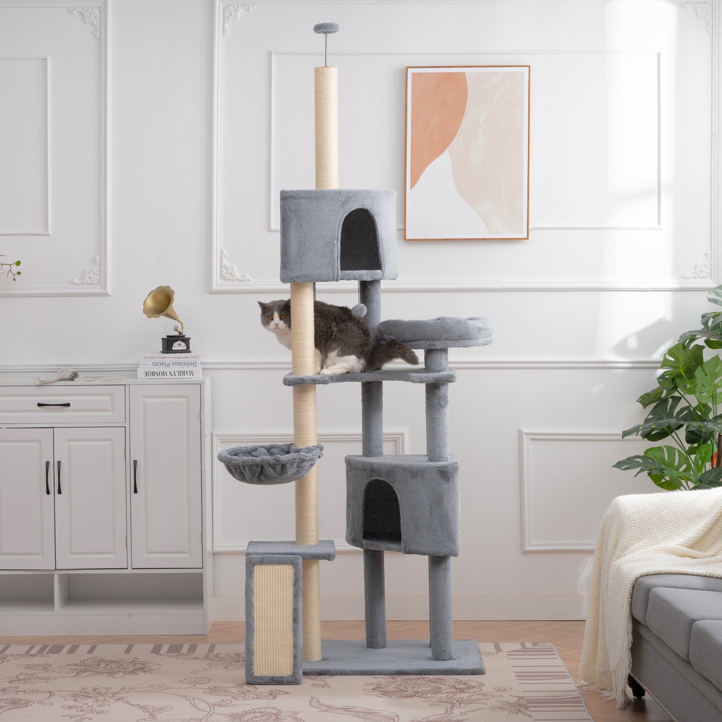 105-Inch Cat Tower for Indoor Cats, Multi-Level Cat Condo with Perches, Caves, Basket, and Scratching Board - Gray Color