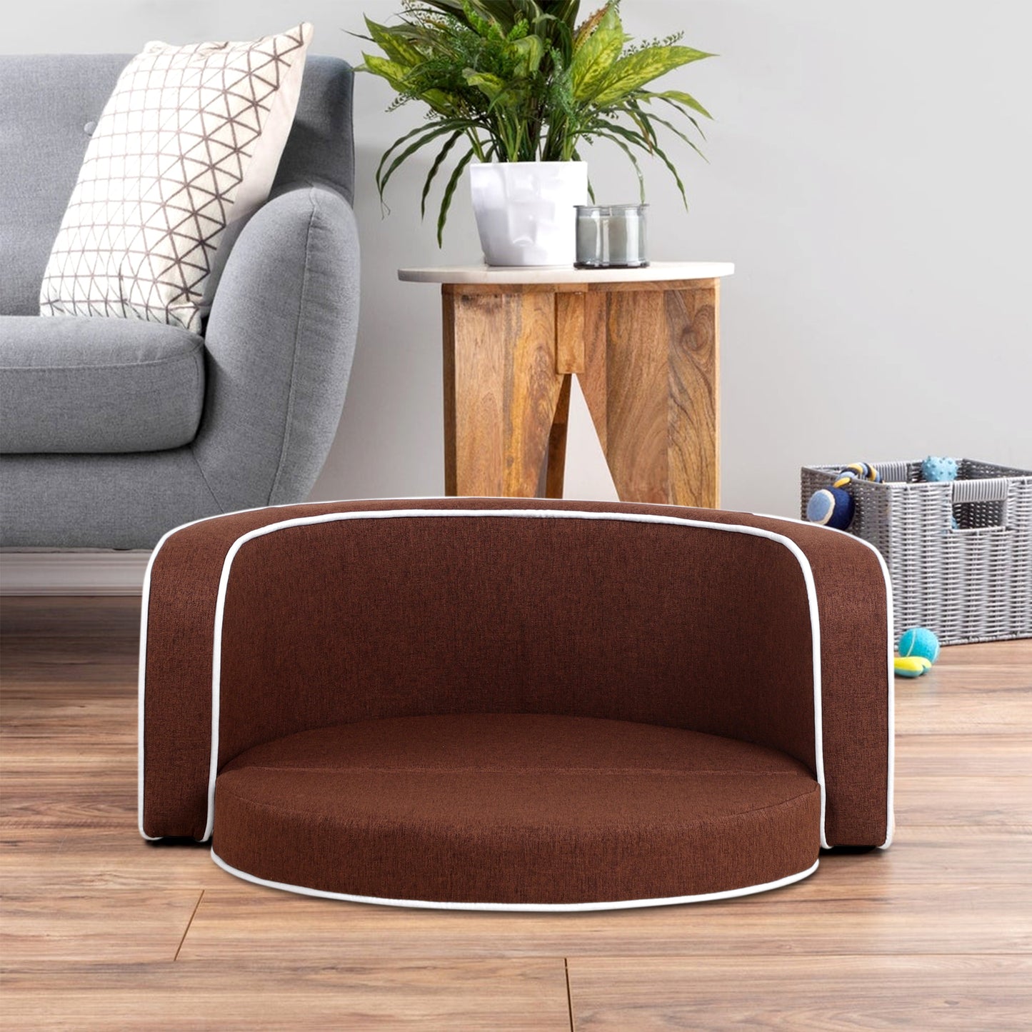 30" Brown Round Pet Sofa - Wooden Structure, Linen Goods, White Roller Lines on Edges - Curved Appearance with Cushion