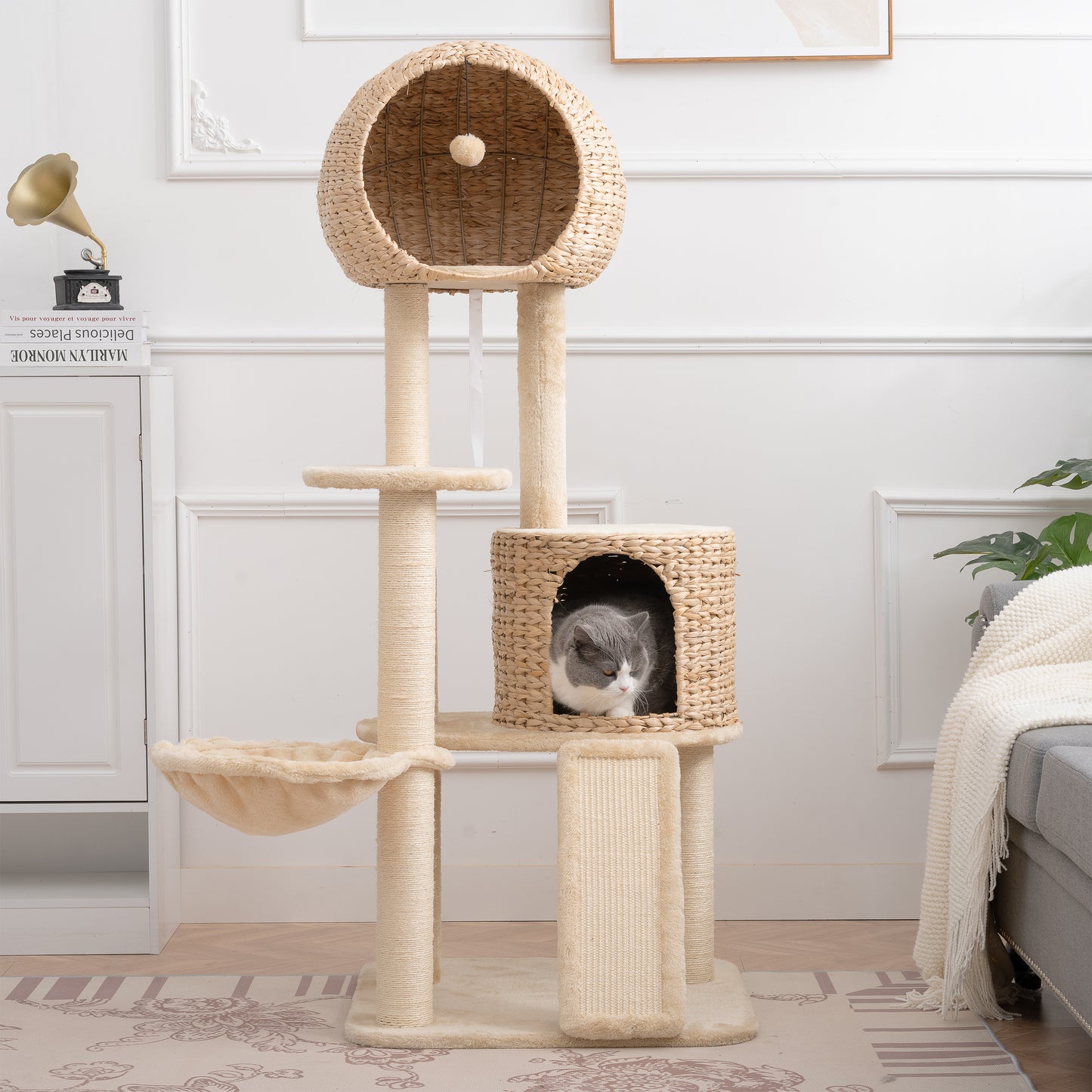 59-Inch Cat Tower for Indoor Cats, Plush Multi-Level Cat Condo with 2 Perches, 2 Caves, Cozy Basket and Scratching Board, Beige