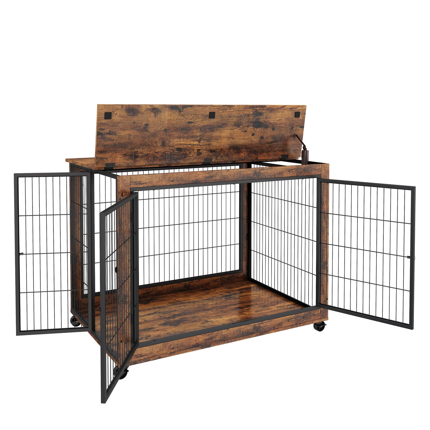 Furniture Style Dog Crate Side Table on Wheels with Double Doors and Lift Top - Rustic Brown, 43.7'' W x 30'' D x 31.1'' H: The Ultimate Combination of Functionality and Style for Your Canine Companion