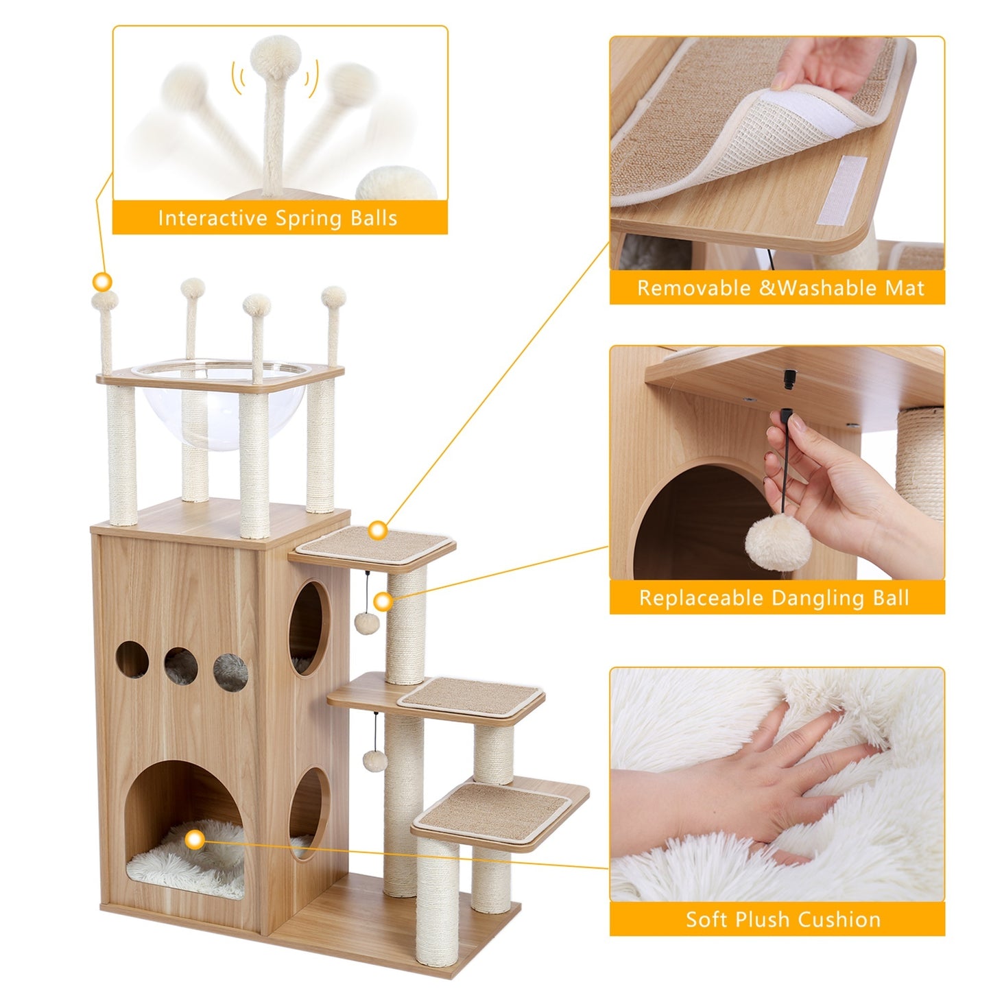 Cat Tree Modern Cat Tower with Fully Sisal Covering Scratching Posts, Deluxe Condos, Large Space Capsule Nest - Ultimate Feline Play and Rest Haven