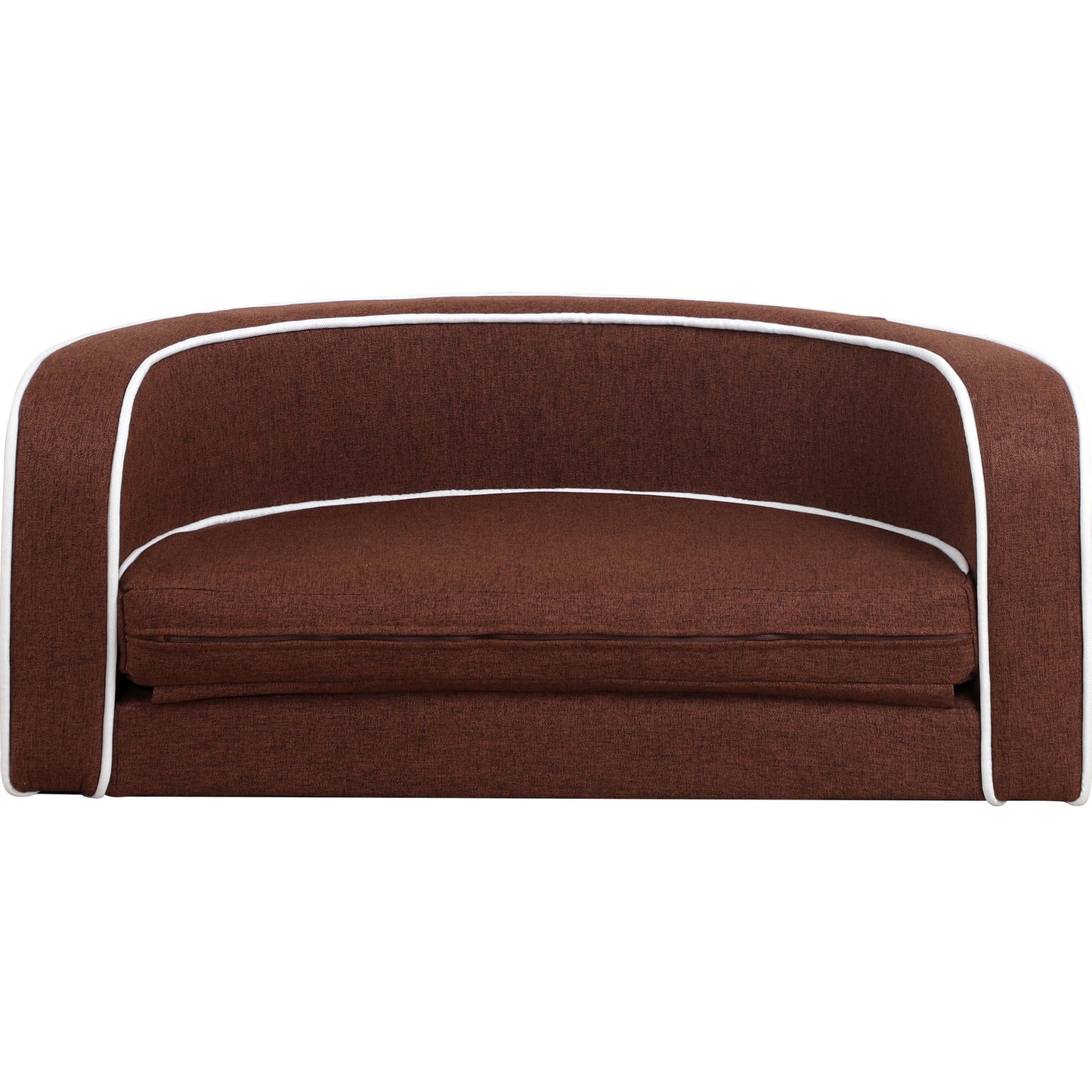 30" Brown Round Pet Sofa - Wooden Structure, Linen Goods, White Roller Lines on Edges - Curved Appearance with Cushion