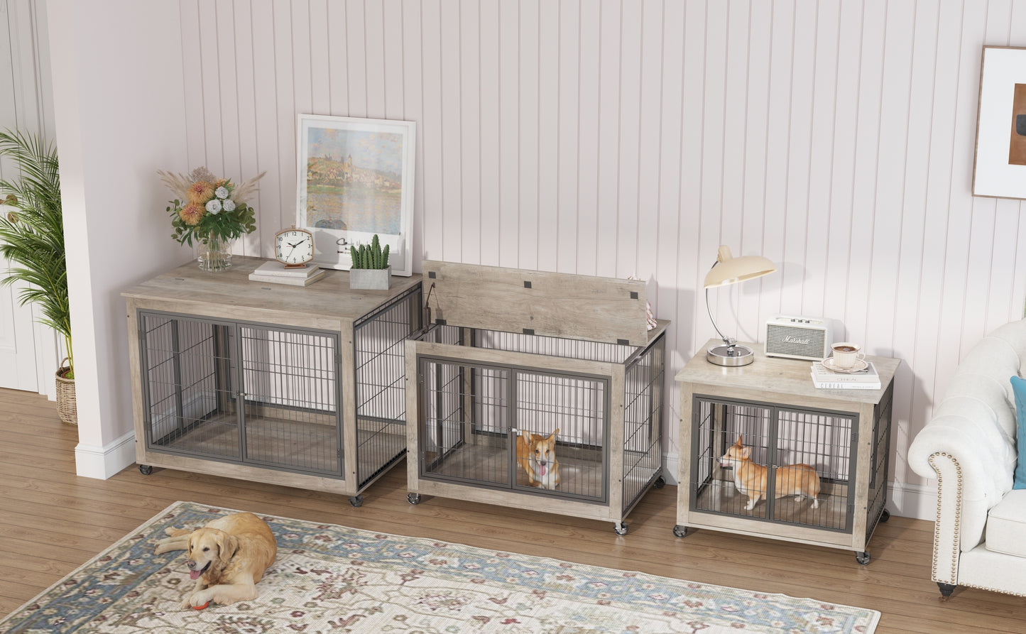 Furniture Style Dog Crate Side Table on Wheels: Double Doors, Lift Top | Grey, 43.7" W x 30" D x 31.1" H