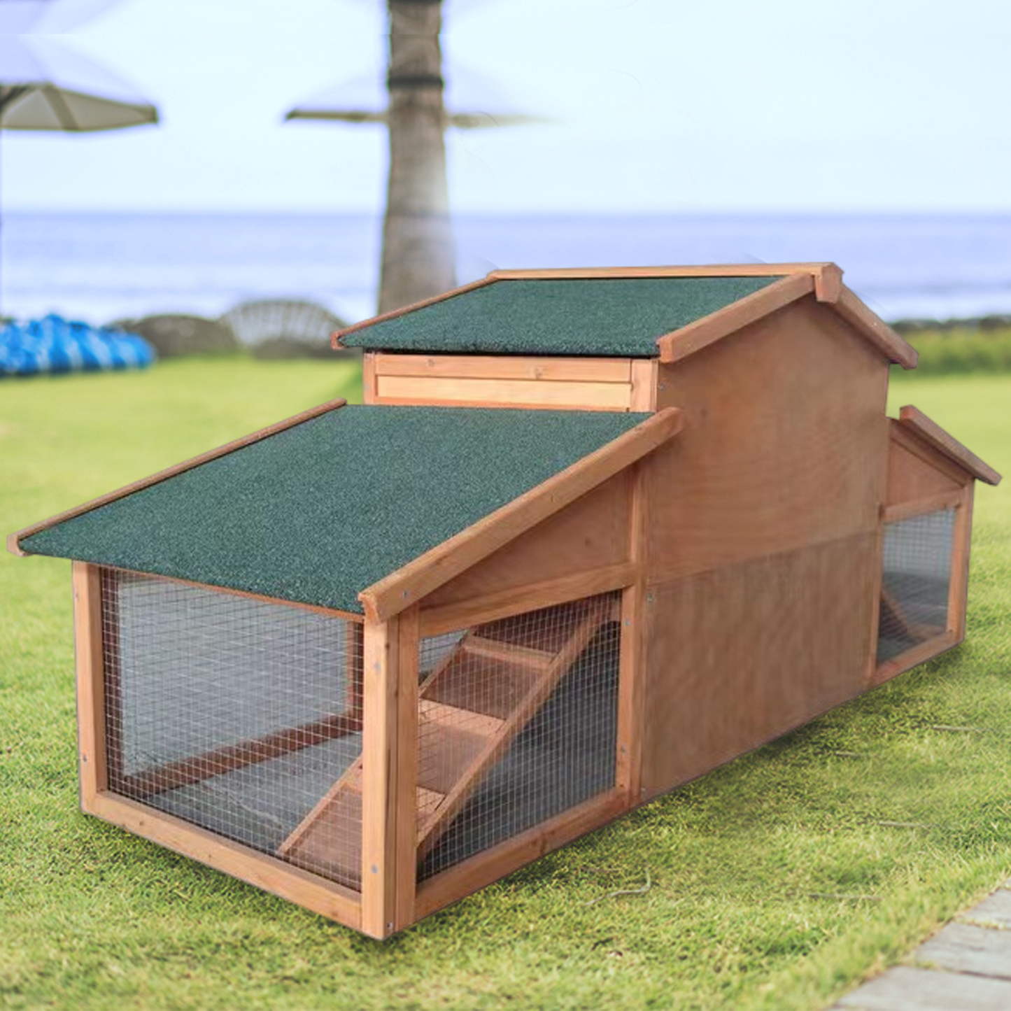 Garden Backyard 2-Layer Wooden Outdoor Rabbit Hutch Chicken Coop, Doors, Tray, Asphalt Roof - Large Size