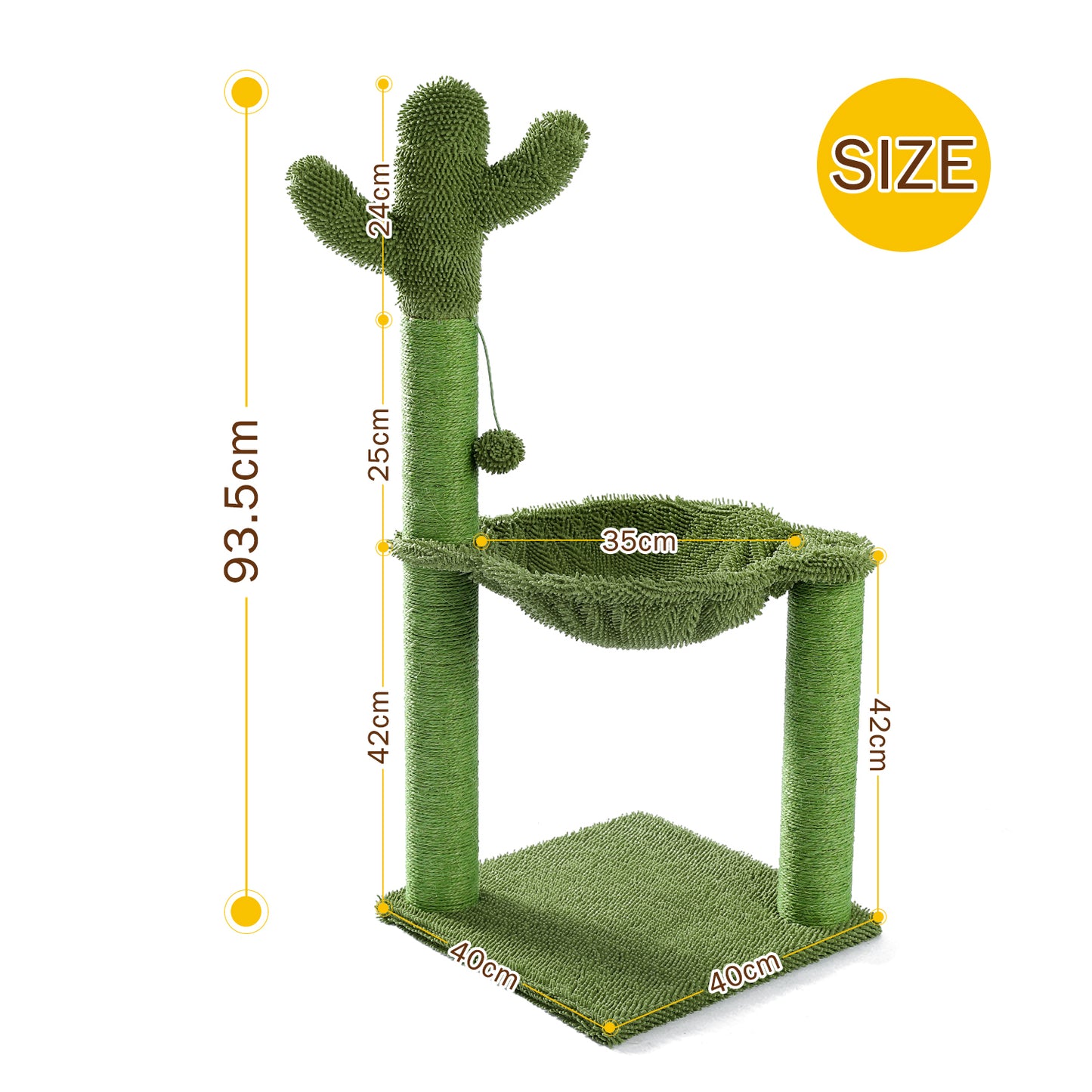 Cactus Cat Tree Cat Scratching Post with Hammock Play Tower, Full Wrapped Sisal Scratching Post for Cats - 93.5cm Green