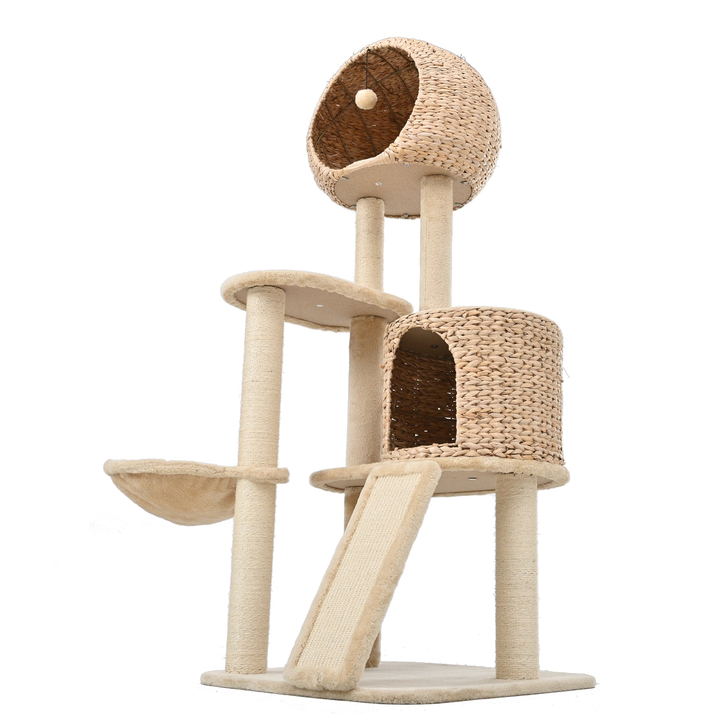 59-Inch Cat Tower for Indoor Cats, Plush Multi-Level Cat Condo with 2 Perches, 2 Caves, Cozy Basket and Scratching Board, Beige