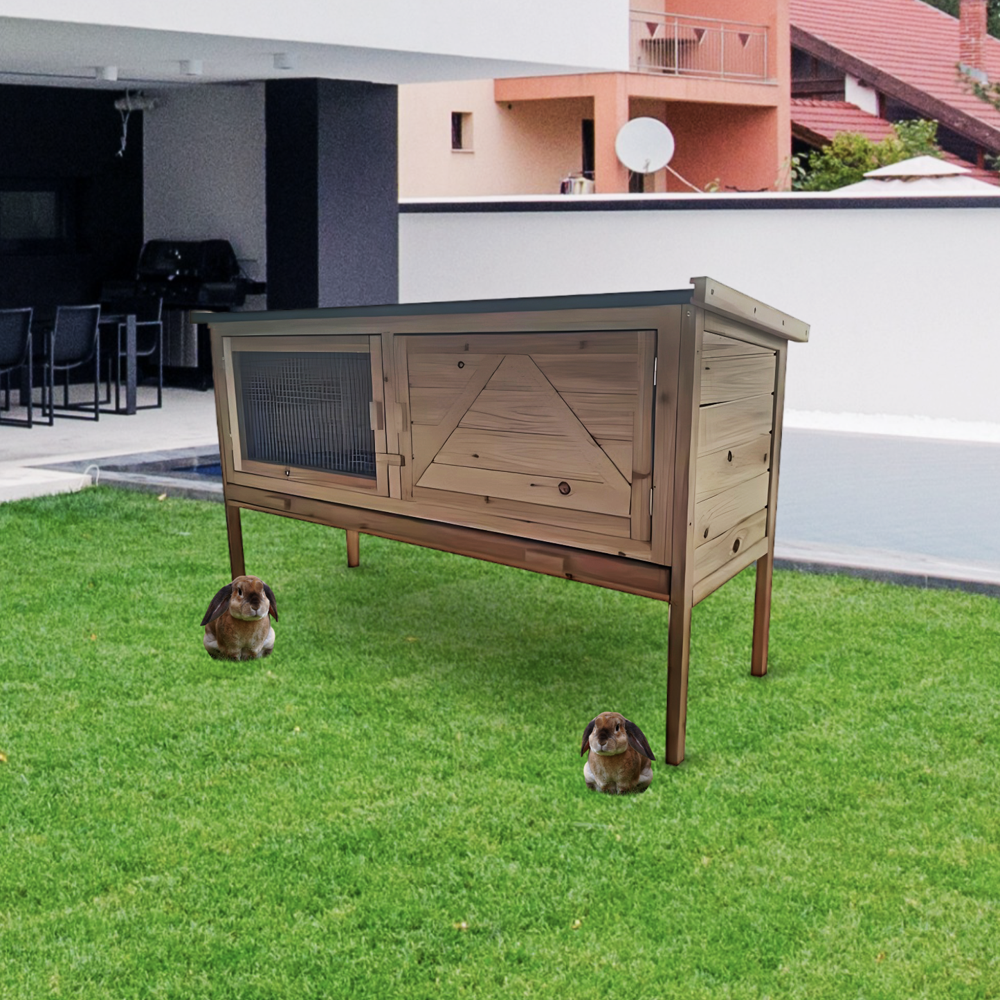 Outdoor Wooden Rabbit Hutch with Open-Up Roof - Guinea Pig Hutch | Bunny Cage with Pull-Out Tray | Size & Color Options Available